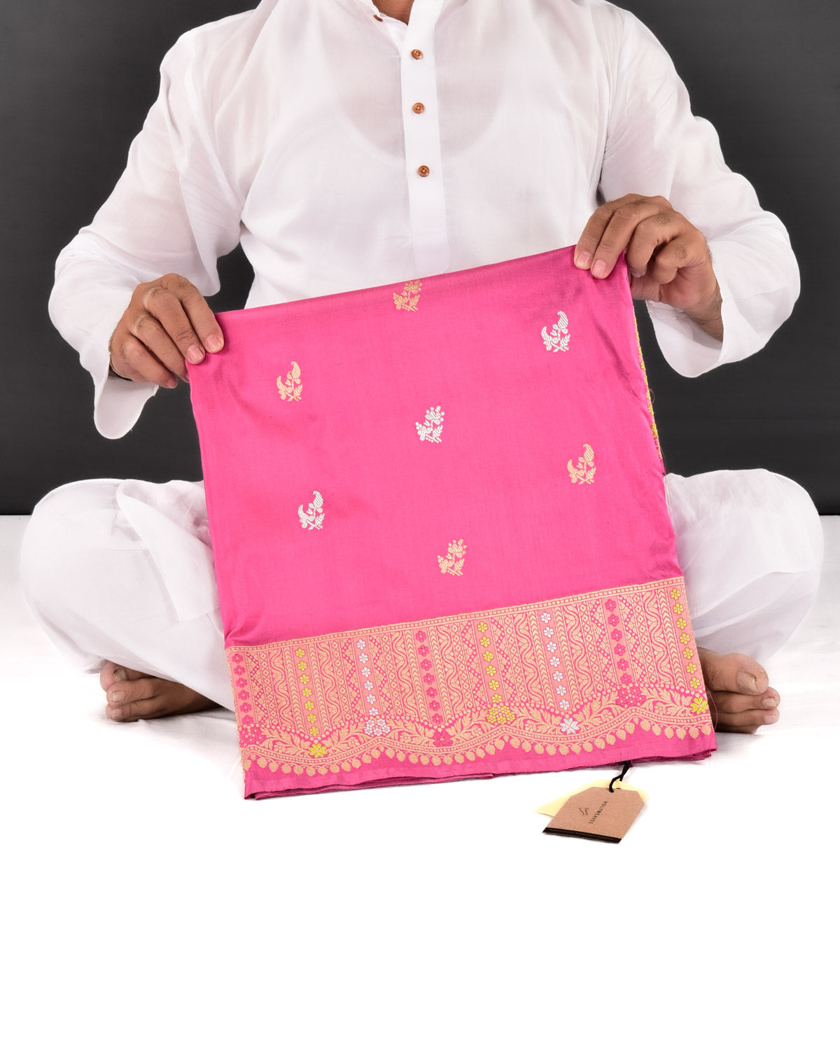 Pink Banarasi Gold & Silver Zari Buti Kadhuan Brocade Handwoven Katan Silk Saree with Scallop Meenekari Border - By HolyWeaves, Benares