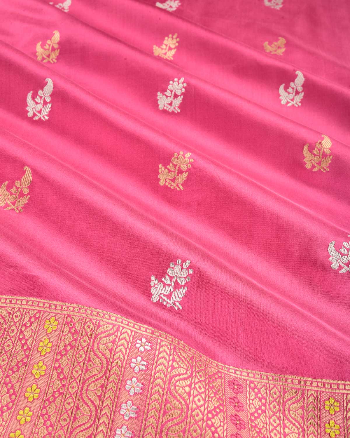 Pink Banarasi Gold & Silver Zari Buti Kadhuan Brocade Handwoven Katan Silk Saree with Scallop Meenekari Border - By HolyWeaves, Benares