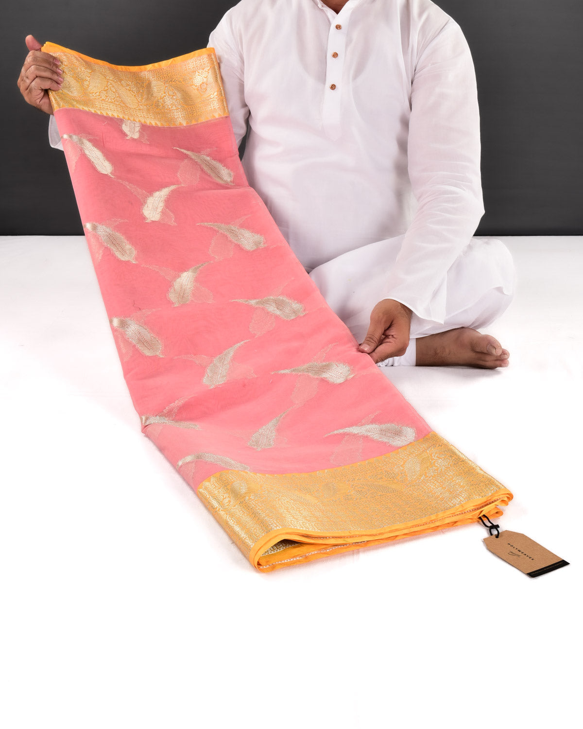Sunny Pink Banarasi Gold Zari Leaf Buta Cutwork Brocade Woven Art Cotton Silk Saree with Contrast Border - By HolyWeaves, Benares