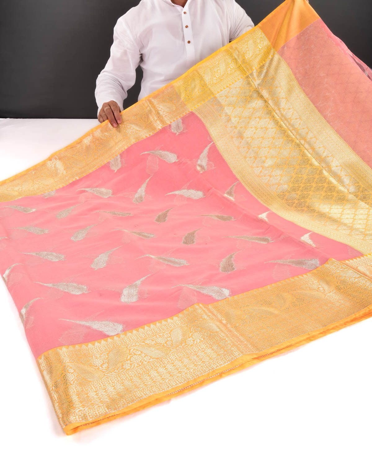Sunny Pink Banarasi Gold Zari Leaf Buta Cutwork Brocade Woven Art Cotton Silk Saree with Contrast Border - By HolyWeaves, Benares