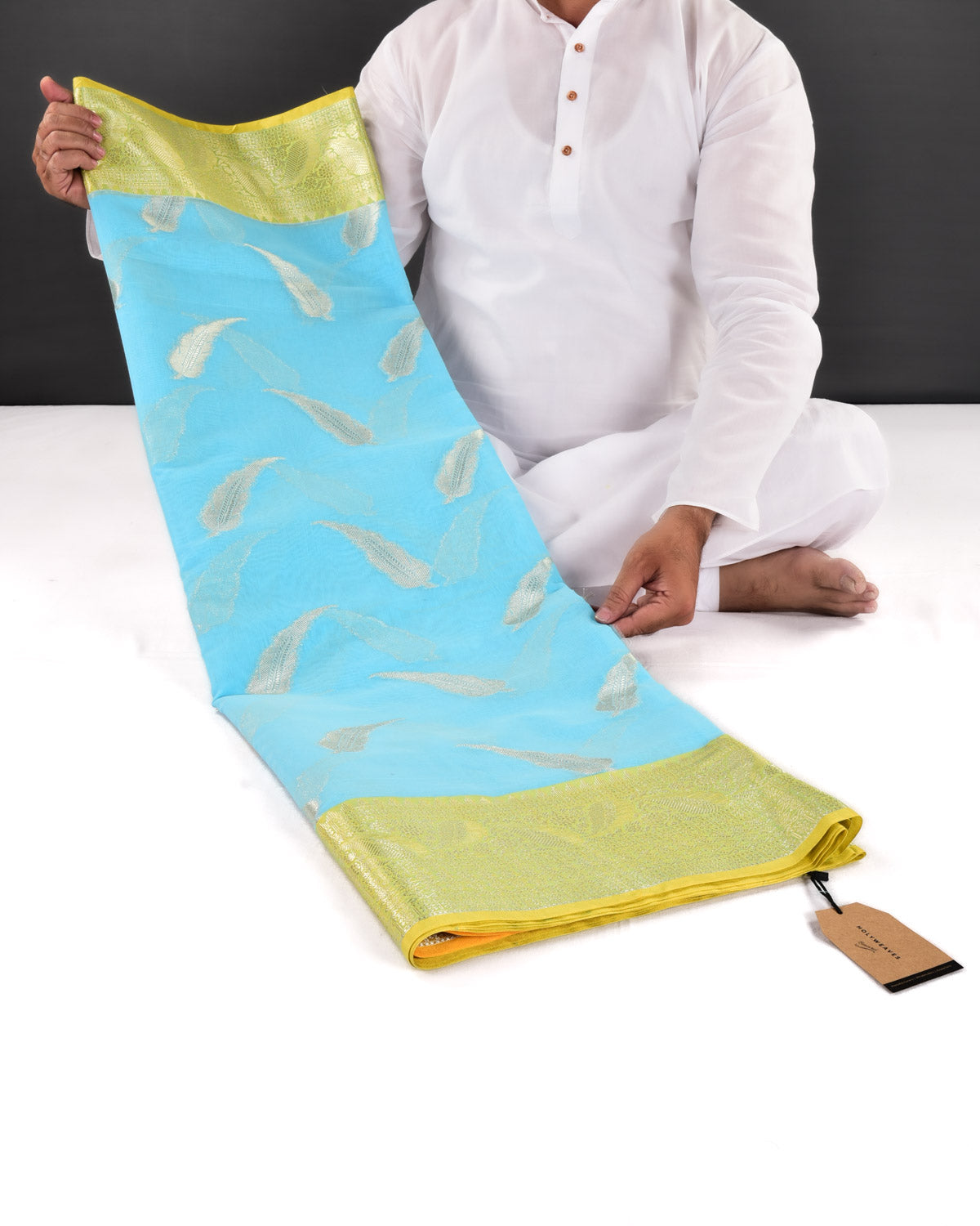 Sunny Blue Banarasi Gold Zari Leaf Buta Cutwork Brocade Woven Art Cotton Silk Saree With Contrast Border - By HolyWeaves, Benares