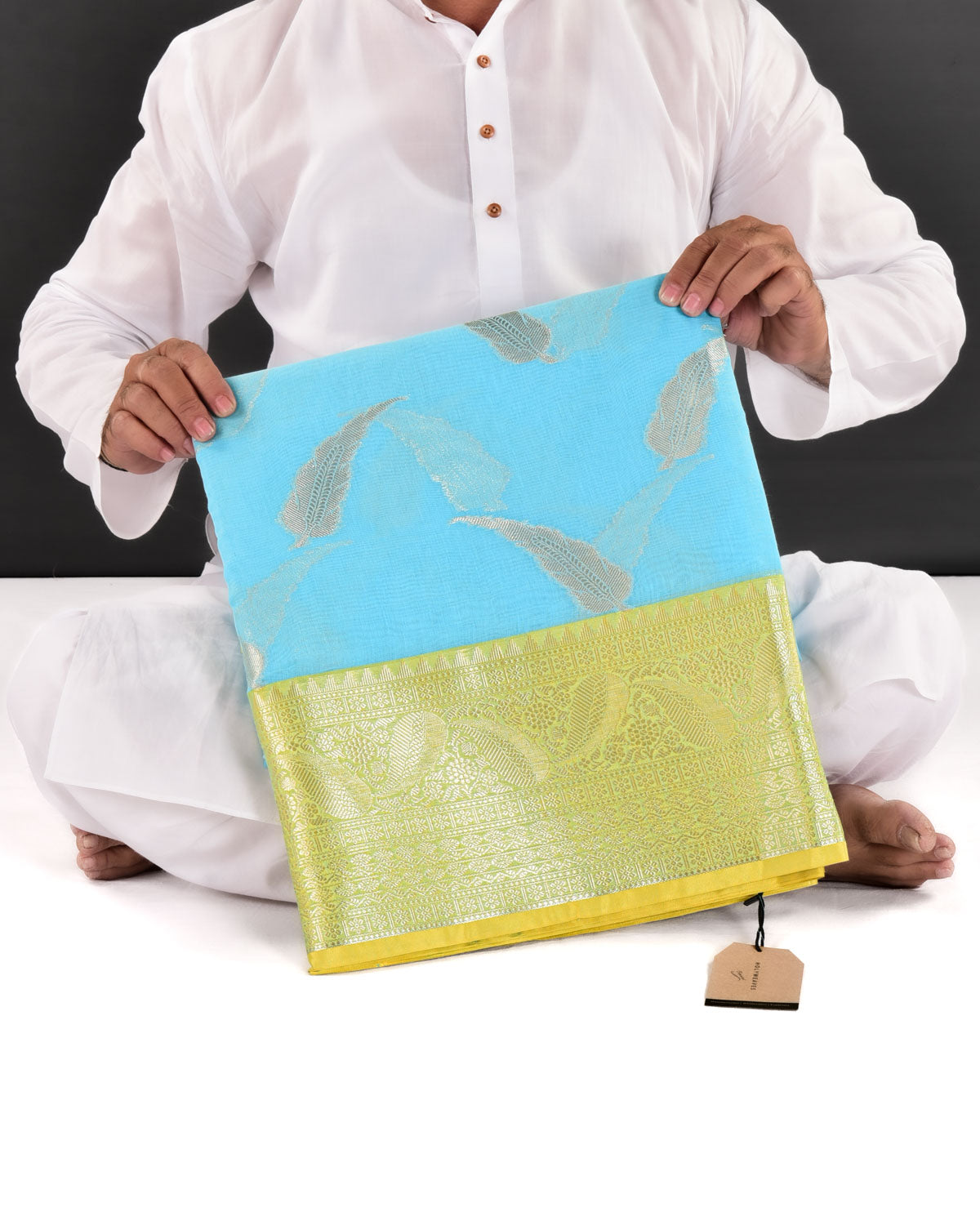 Sunny Blue Banarasi Gold Zari Leaf Buta Cutwork Brocade Woven Art Cotton Silk Saree With Contrast Border - By HolyWeaves, Benares