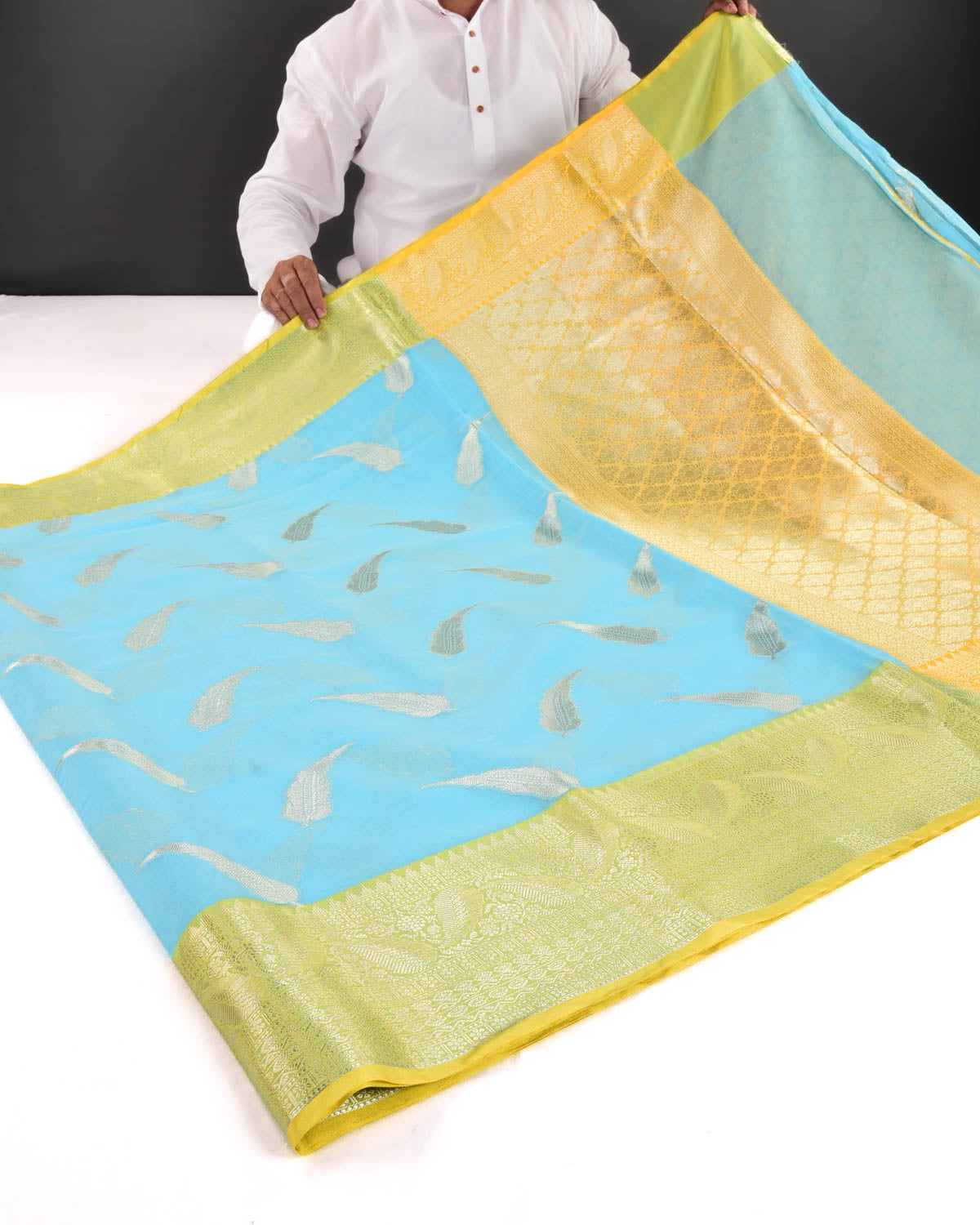 Sunny Blue Banarasi Gold Zari Leaf Buta Cutwork Brocade Woven Art Cotton Silk Saree With Contrast Border - By HolyWeaves, Benares