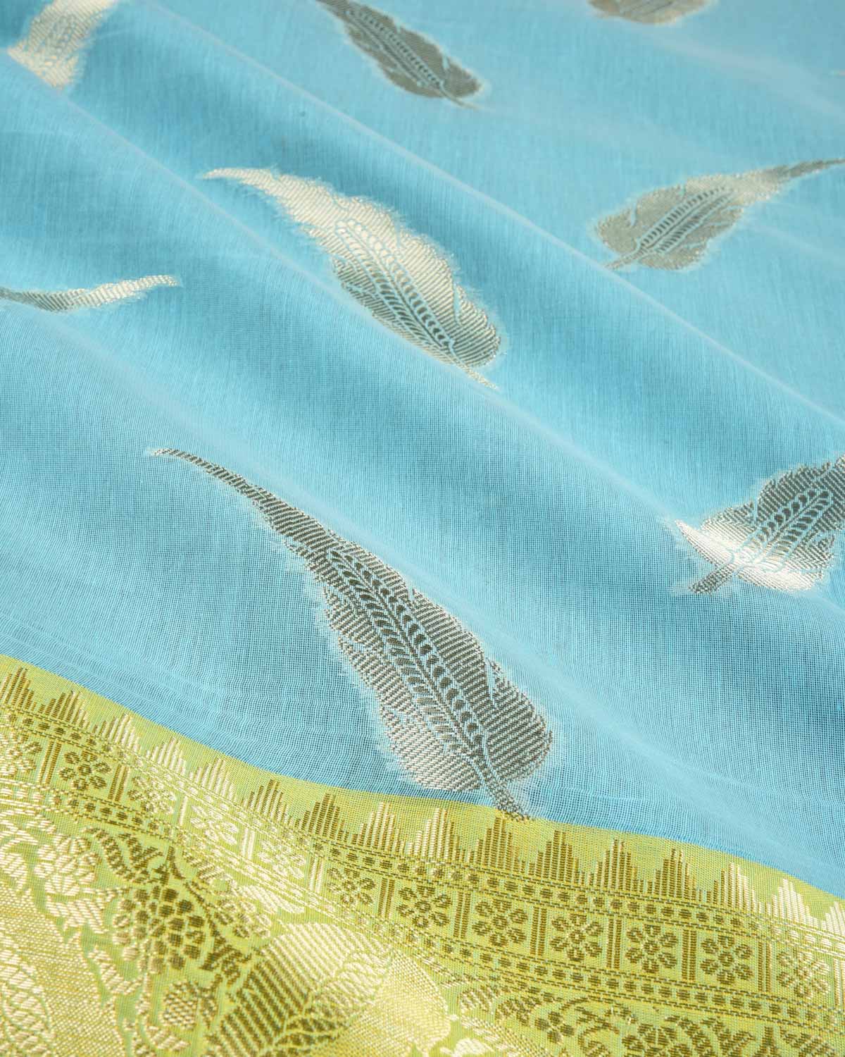 Sunny Blue Banarasi Gold Zari Leaf Buta Cutwork Brocade Woven Art Cotton Silk Saree With Contrast Border - By HolyWeaves, Benares