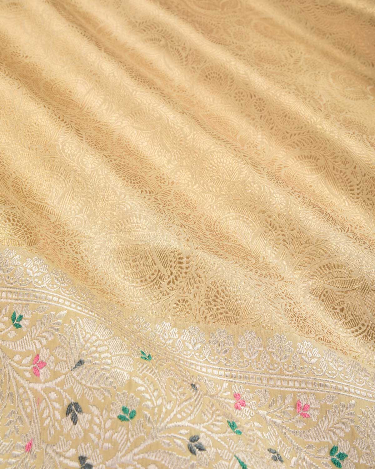 Cream Banarasi Gold Zari Brocade Handwoven Katan Silk Saree with Silver Zari Meenekari Border - By HolyWeaves, Benares
