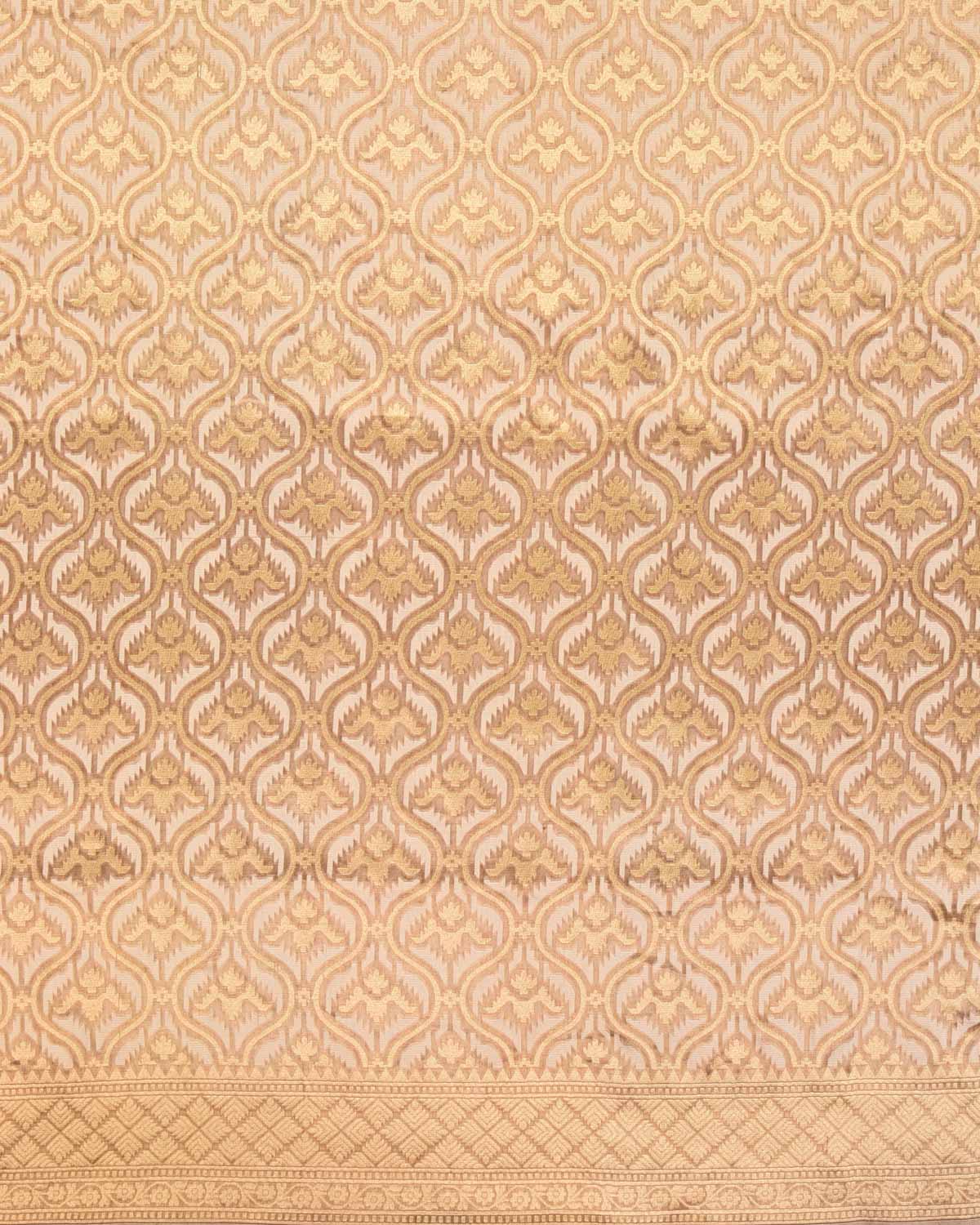 Brown Banarasi Gold Zari & White Resham Alfi Jaal Cutwork Brocade Handwoven Kora Tissue Saree - By HolyWeaves, Benares