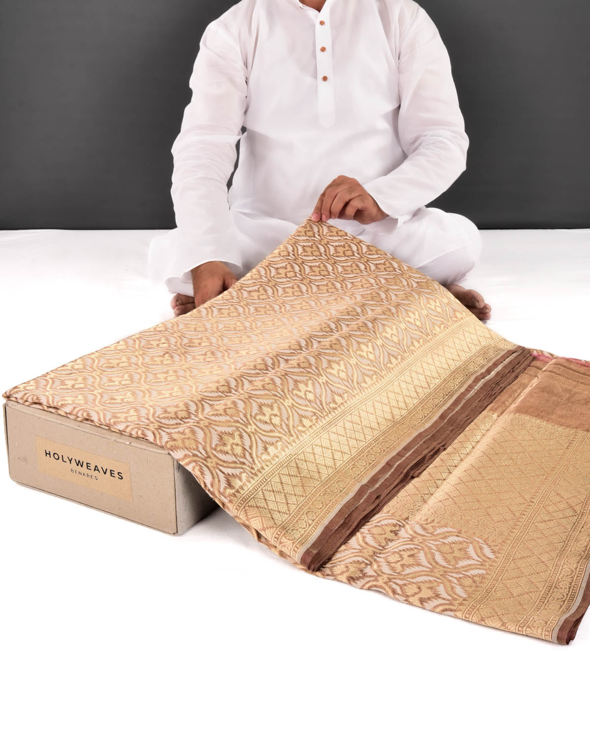 Brown Banarasi Gold Zari & White Resham Alfi Jaal Cutwork Brocade Handwoven Kora Tissue Saree - By HolyWeaves, Benares