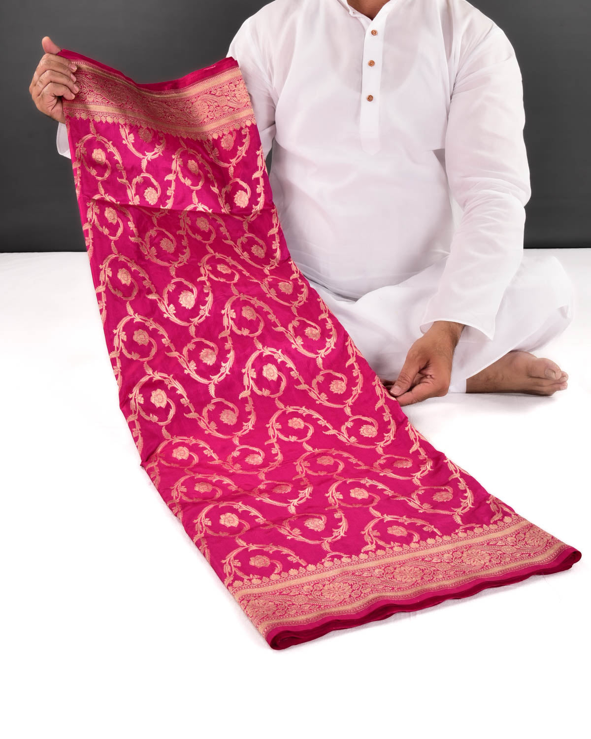 Rani Pink Banarasi Gold Zari Floral Jaal Cutwork Brocade Handwoven Katan Silk Saree - By HolyWeaves, Benares