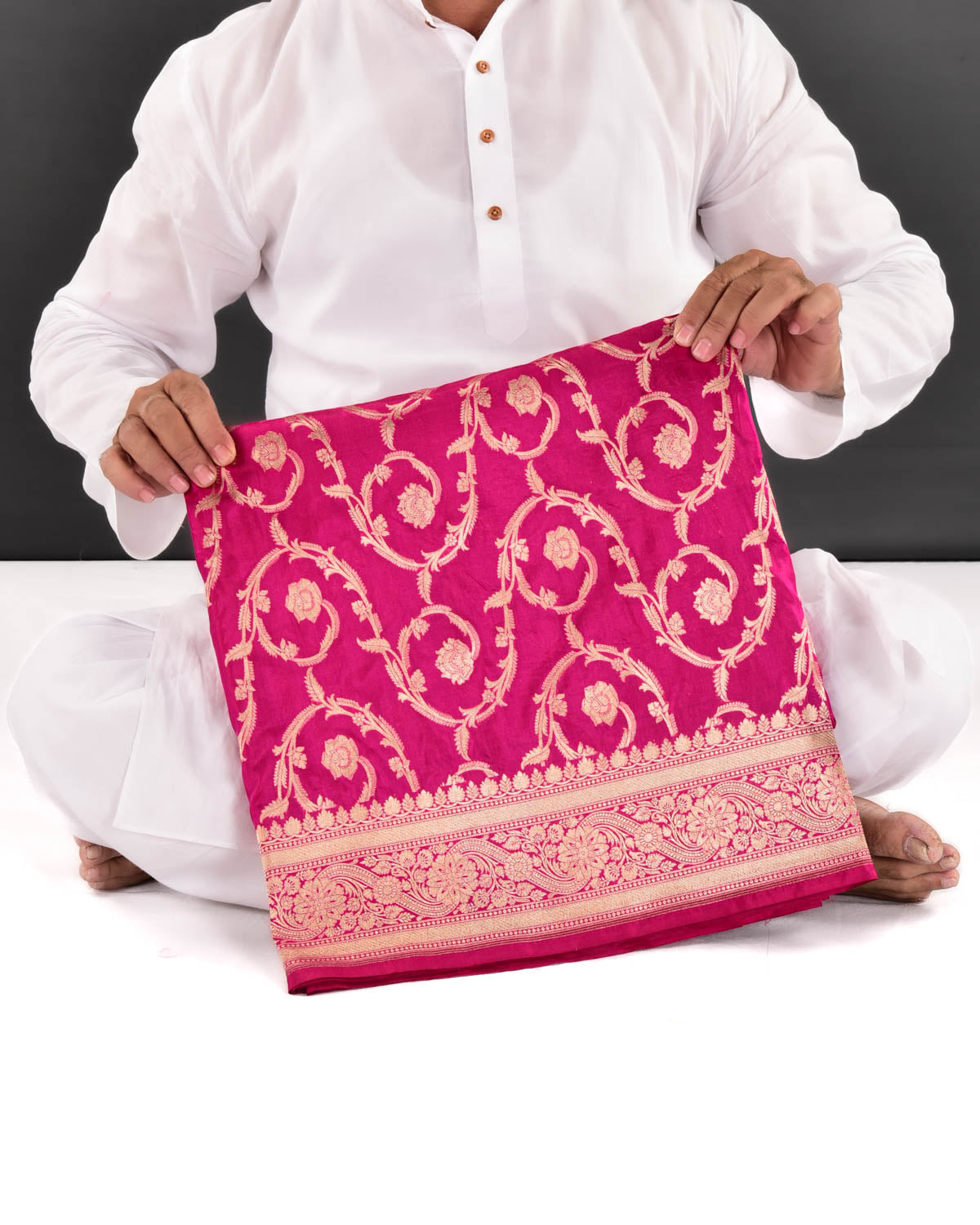 Rani Pink Banarasi Gold Zari Floral Jaal Cutwork Brocade Handwoven Katan Silk Saree - By HolyWeaves, Benares