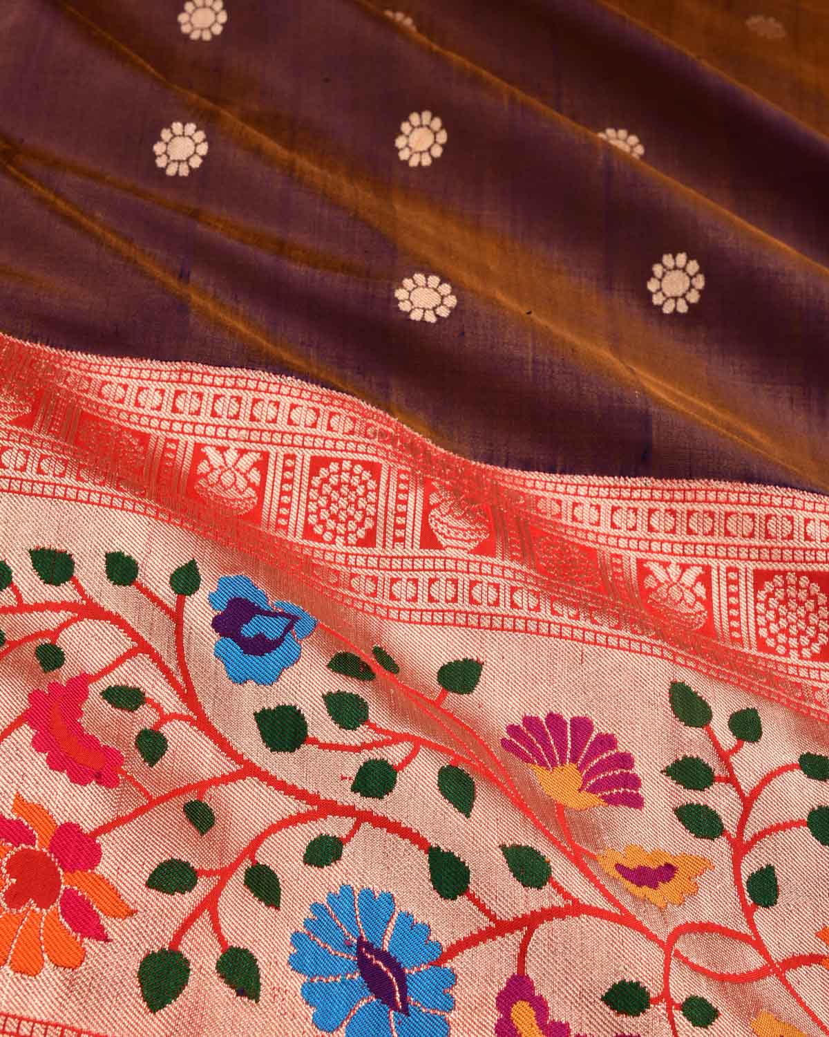 Shot Brown Banarasi Gold Zari Cutwork Brocade Handwoven Katan Silk Saree with Paithani Border Pallu - By HolyWeaves, Benares