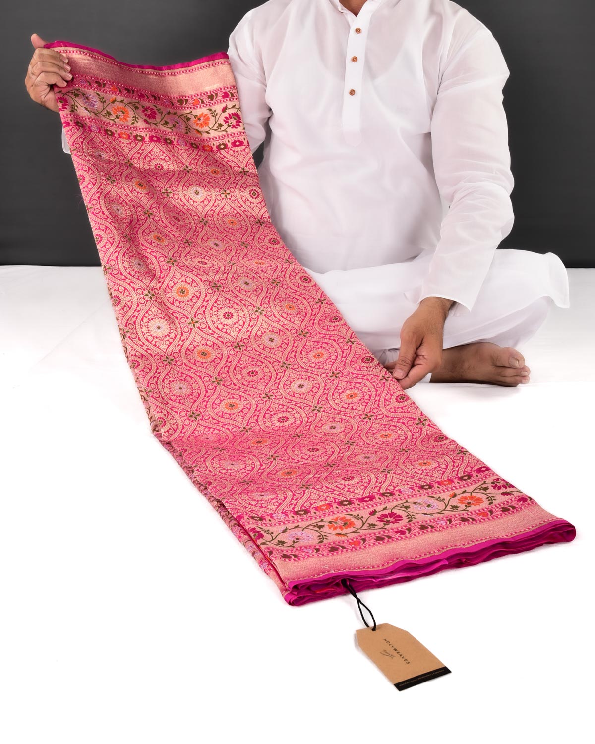 Rani Pink Banarasi Gold Zari Damask Meenedar Cutwork Brocade Handwoven Katan Silk Saree - By HolyWeaves, Benares