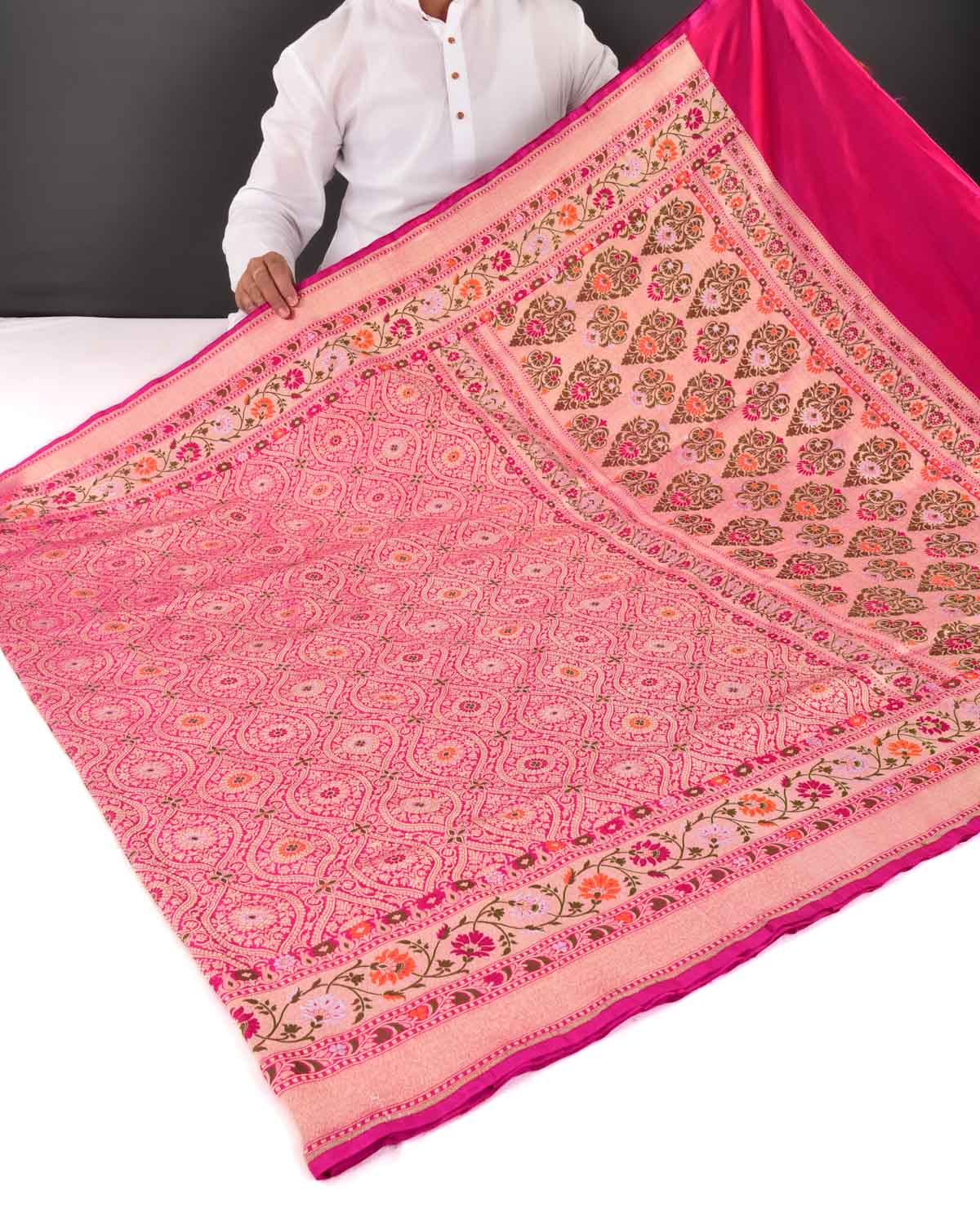 Rani Pink Banarasi Gold Zari Damask Meenedar Cutwork Brocade Handwoven Katan Silk Saree - By HolyWeaves, Benares