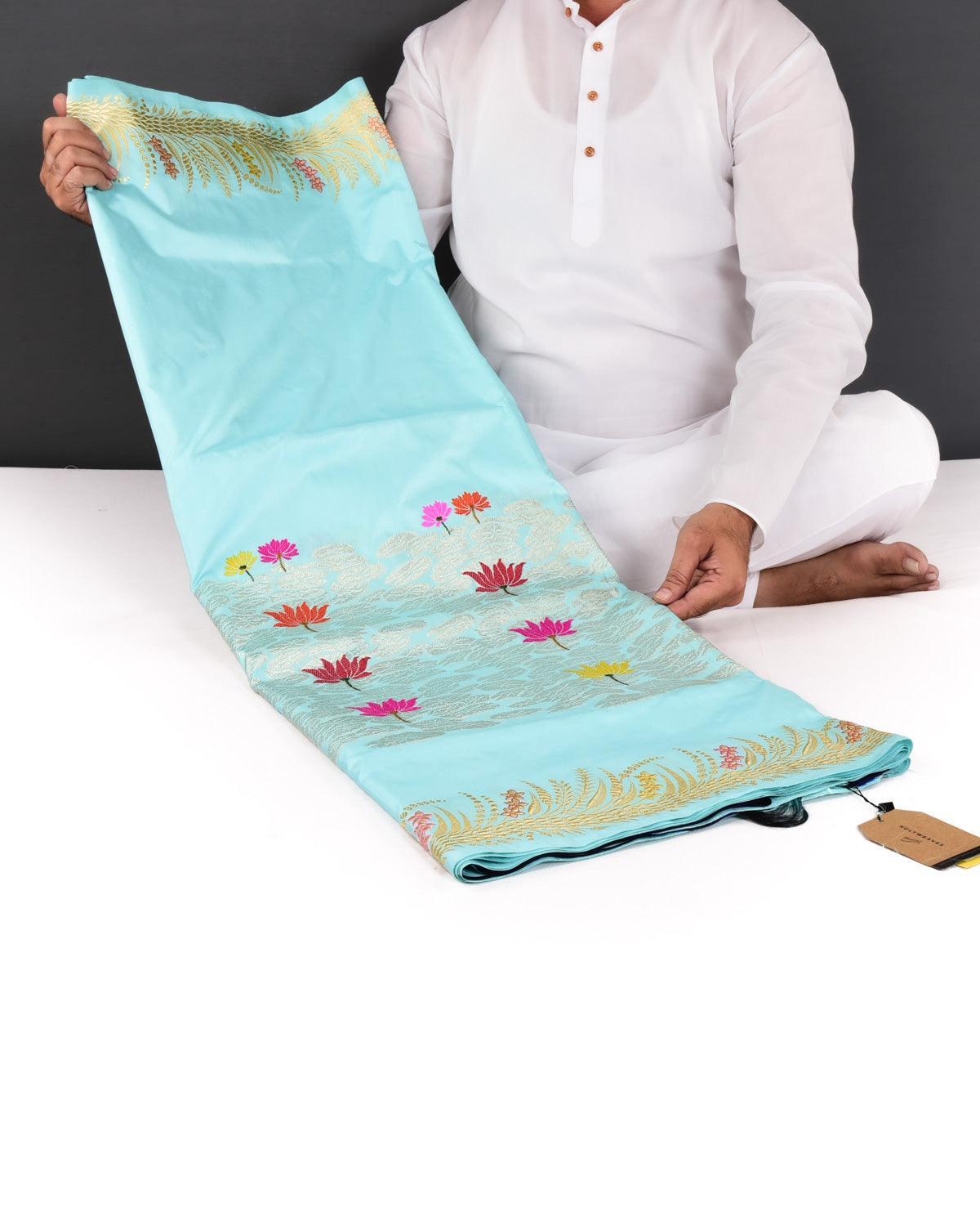 Aqua Blue Banarasi "Kamal Taal" Kadhuan Brocade Handwoven Katan Silk Saree with Contrast Blouse Piece - By HolyWeaves, Benares