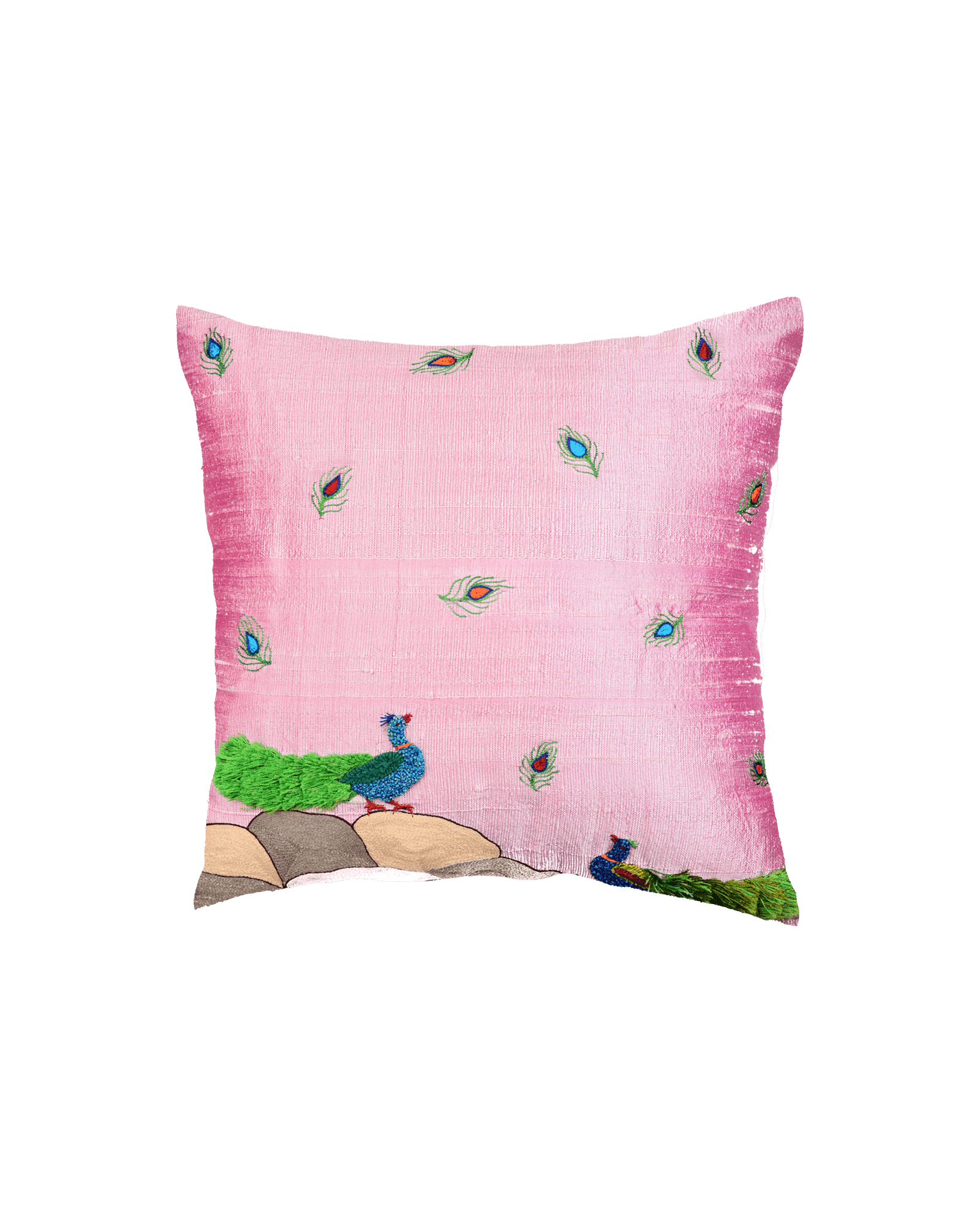Baby Pink Premium Hand-embroidered Raw Silk Centrepiece Cushion Cover 16" - By HolyWeaves, Benares