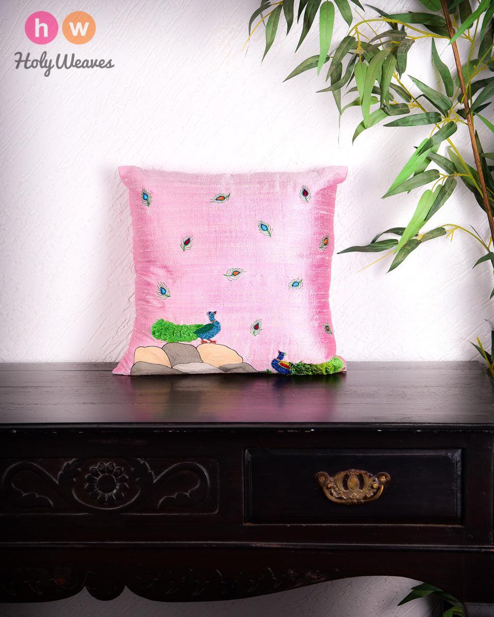 Baby Pink Premium Hand-embroidered Raw Silk Centrepiece Cushion Cover 16" - By HolyWeaves, Benares