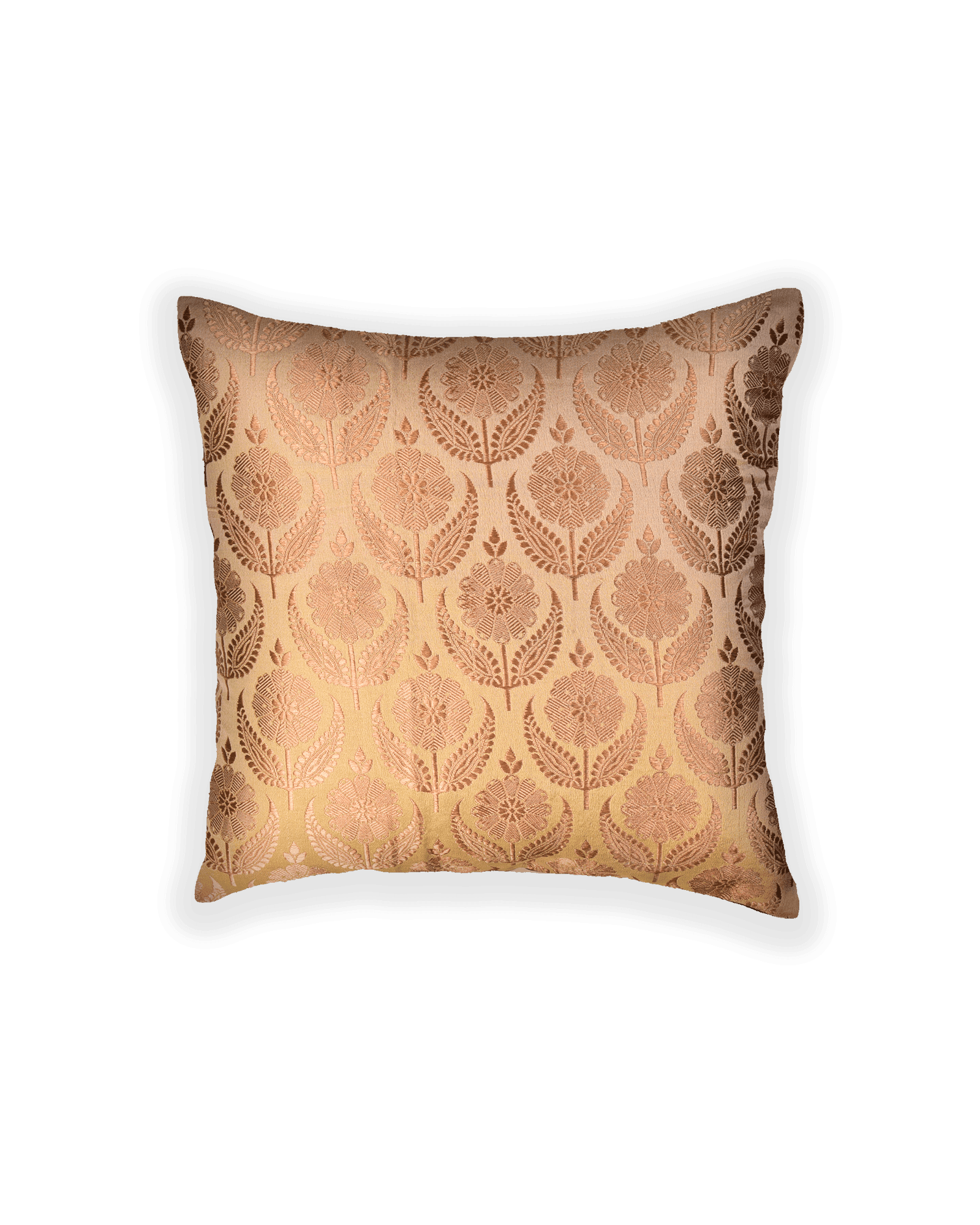 Beige Banarasi Brocade Poly Silk Cushion Cover 16" - By HolyWeaves, Benares