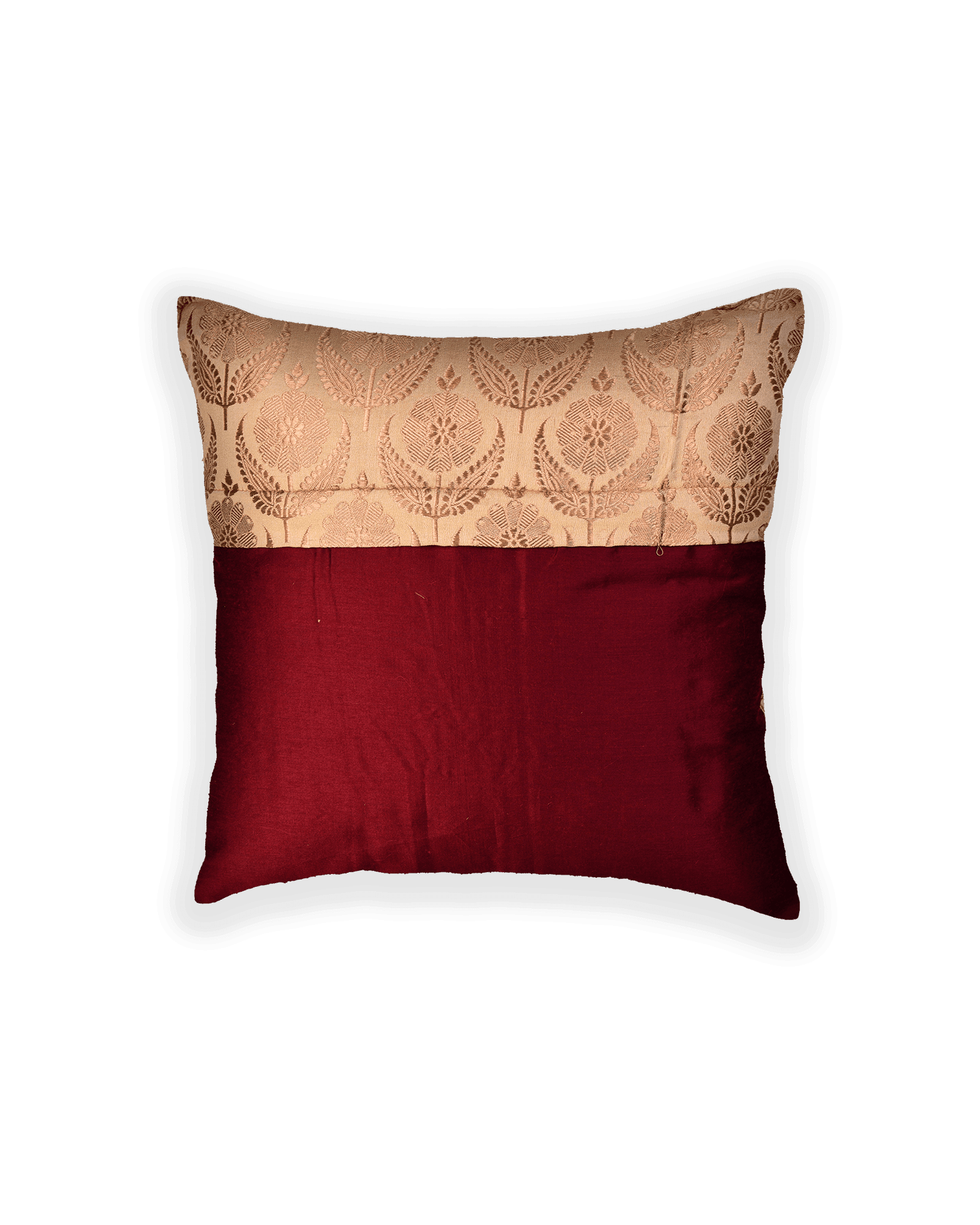 Beige Banarasi Brocade Poly Silk Cushion Cover 16" - By HolyWeaves, Benares