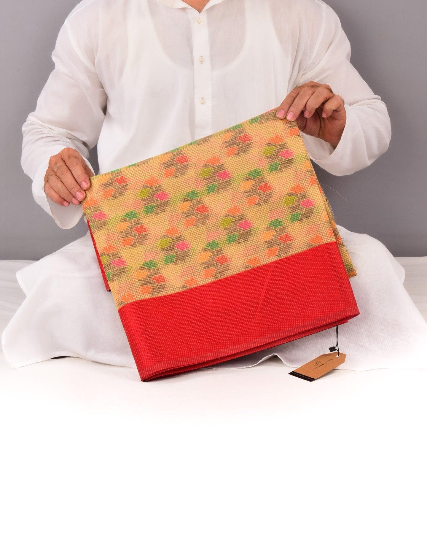 Beige Banarasi Check Texture 5-color Buta Cutwork Brocade Woven Cotton Silk Saree - By HolyWeaves, Benares