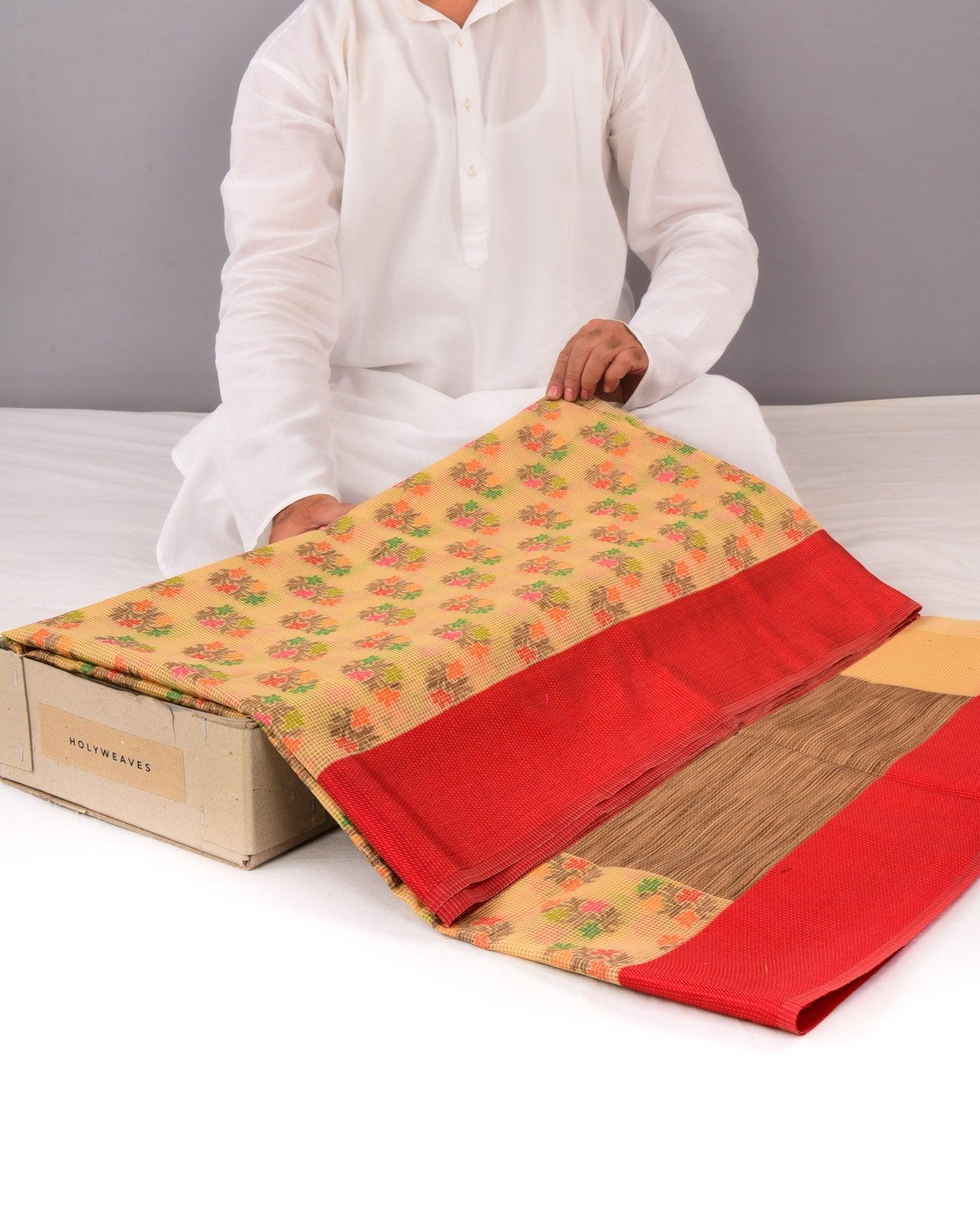 Beige Banarasi Check Texture 5-color Buta Cutwork Brocade Woven Cotton Silk Saree - By HolyWeaves, Benares