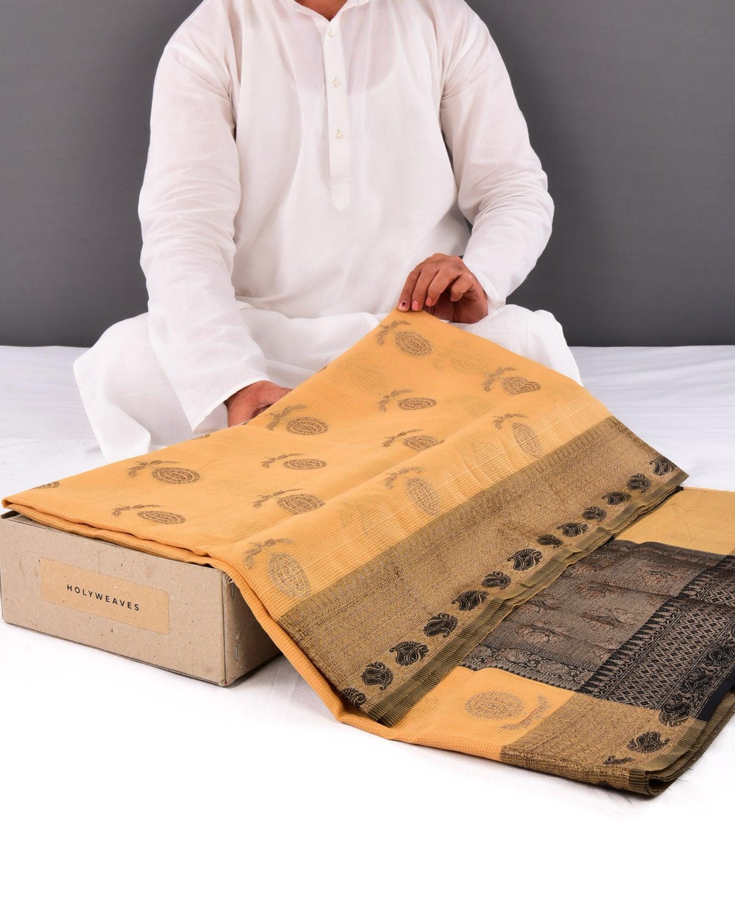 Beige Banarasi Check Texture Antique Zari Buta Cutwork Brocade Woven Cotton Silk Saree - By HolyWeaves, Benares