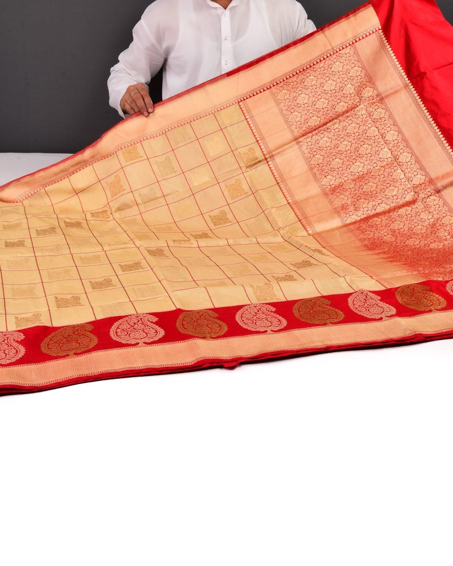 Beige Banarasi Chequered Paisley Alfi Sona-Rupa Kadhuan Brocade Handwoven Katan Silk Saree - By HolyWeaves, Benares