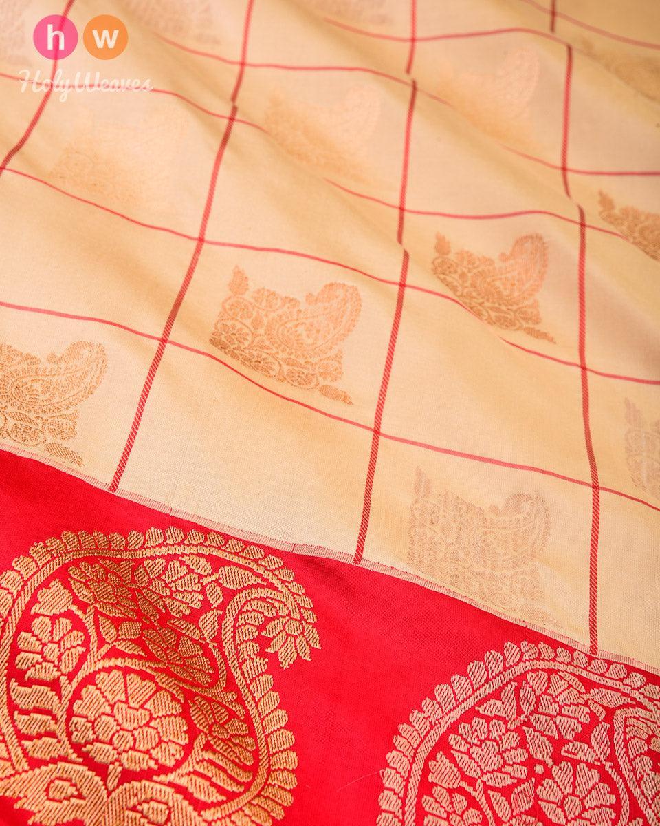 Beige Banarasi Chequered Paisley Alfi Sona-Rupa Kadhuan Brocade Handwoven Katan Silk Saree - By HolyWeaves, Benares