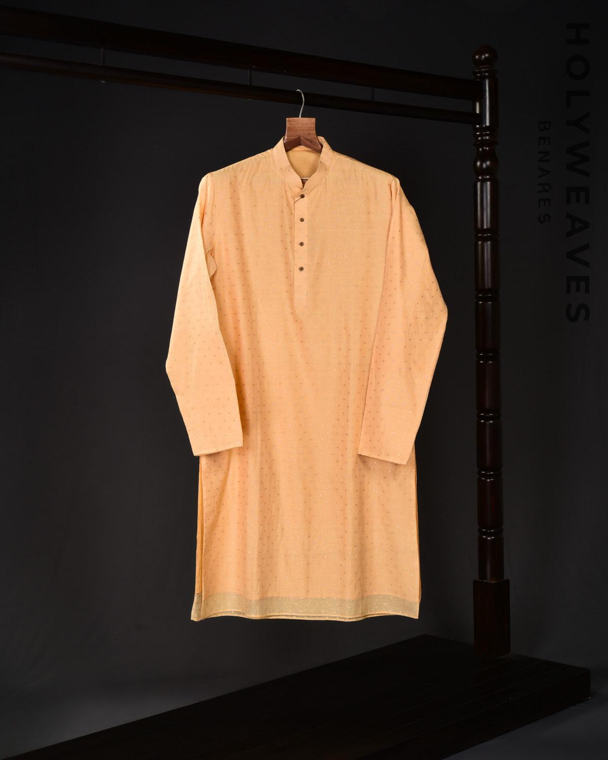 Beige Banarasi Chunari Buti Cotton Silk Mens Kurta Pyjama - By HolyWeaves, Benares
