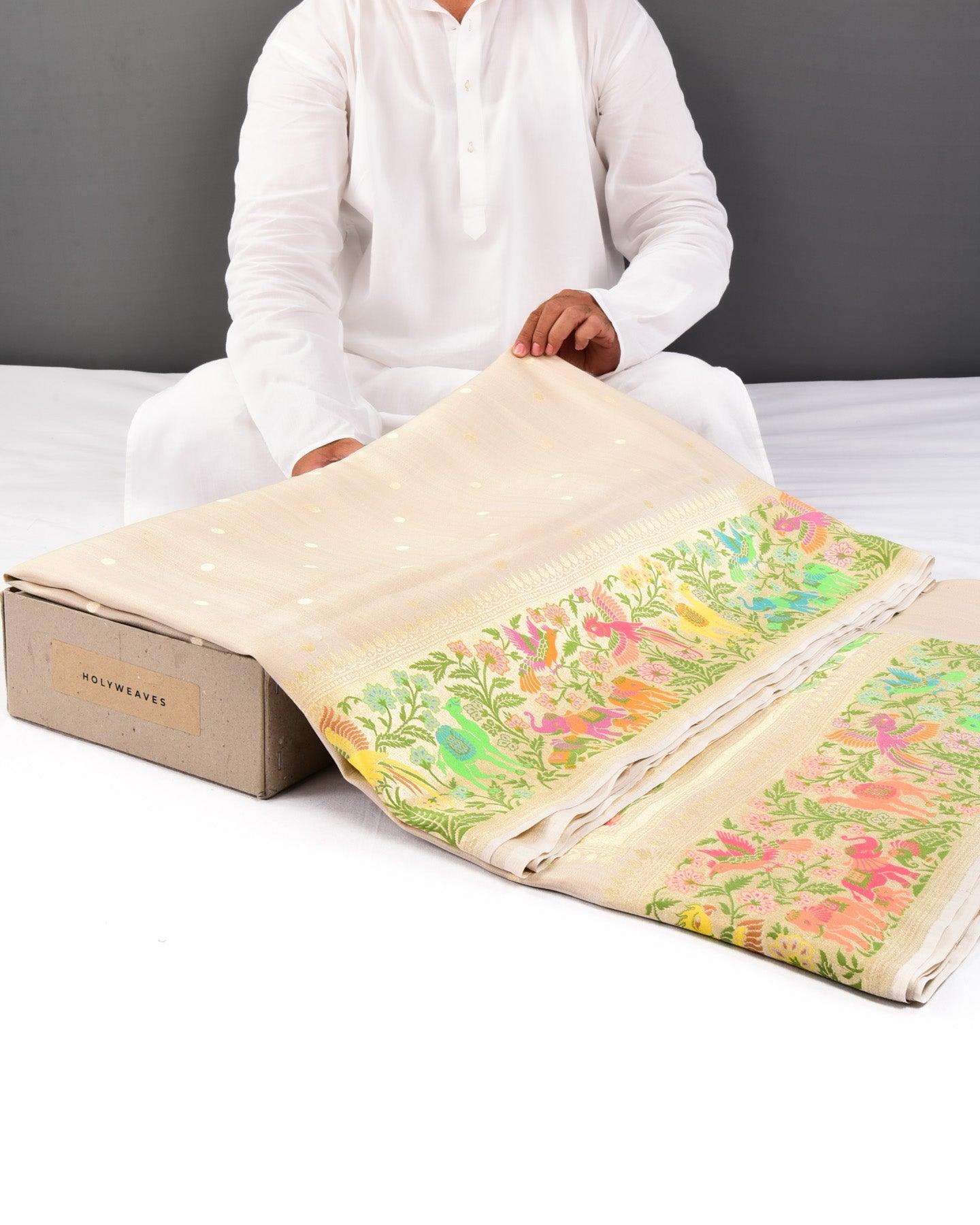 Beige Banarasi Cutwork Brocade Handwoven Tasar Silk Saree with Flora & Fauna Border Pallu - By HolyWeaves, Benares