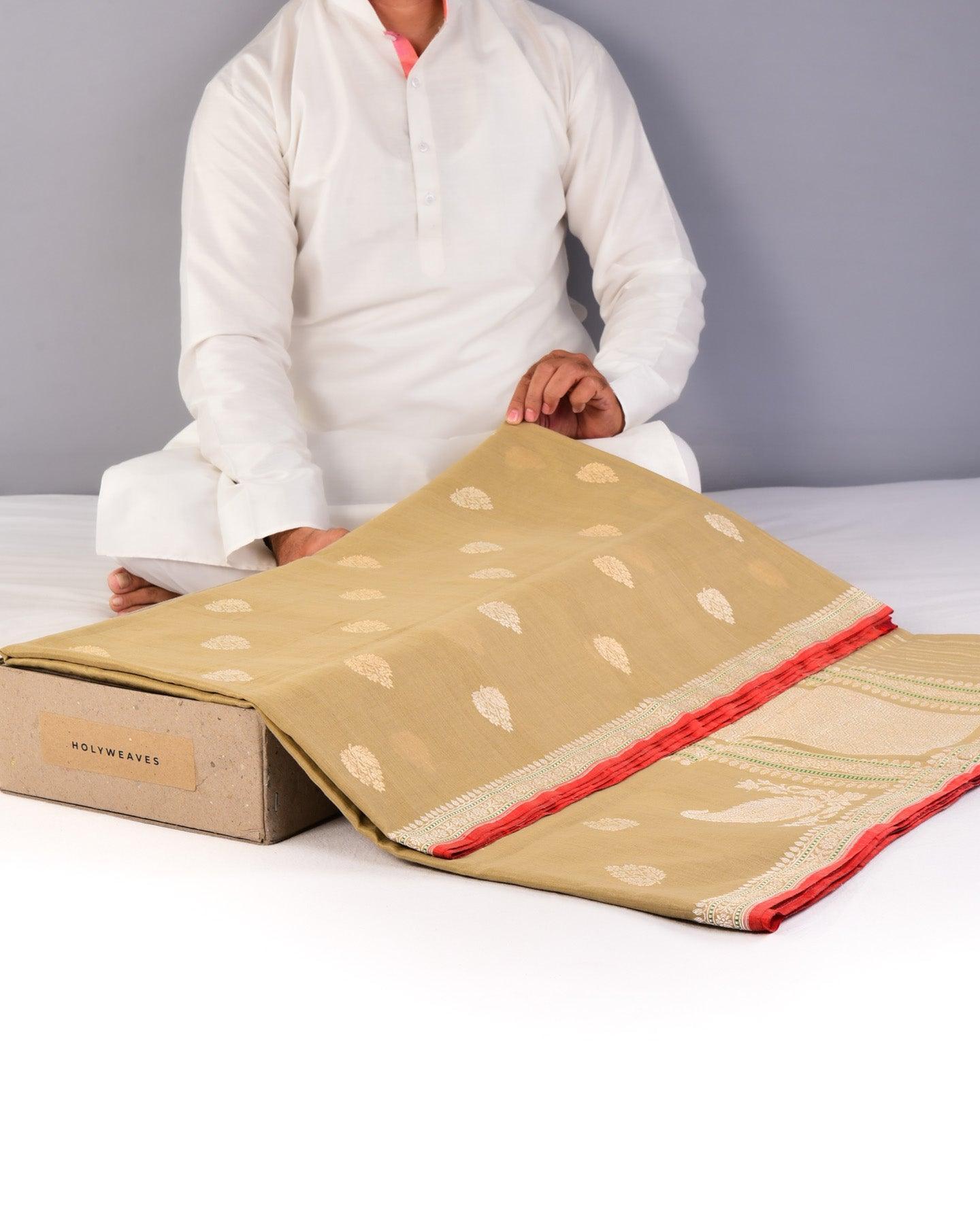 Beige Banarasi Ektara Buti Kadhuan Brocade Handloom Cotton Saree - By HolyWeaves, Benares
