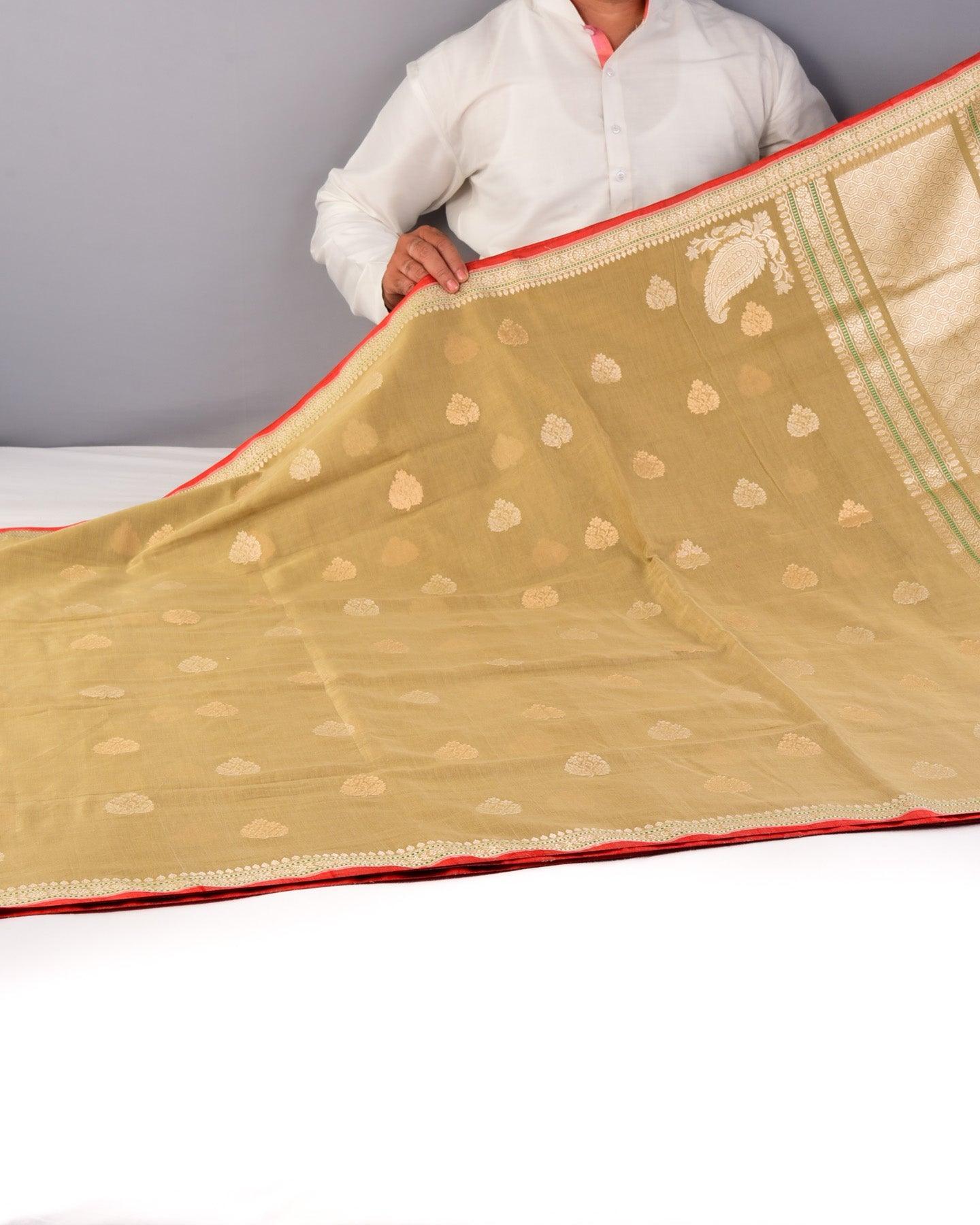 Beige Banarasi Ektara Buti Kadhuan Brocade Handloom Cotton Saree - By HolyWeaves, Benares