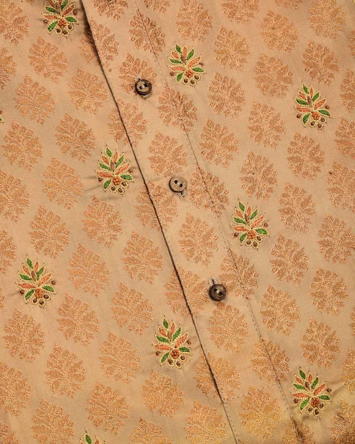 Beige Banarasi Hand-embroidered Art Silk Mens Kurta Pyjama - By HolyWeaves, Benares