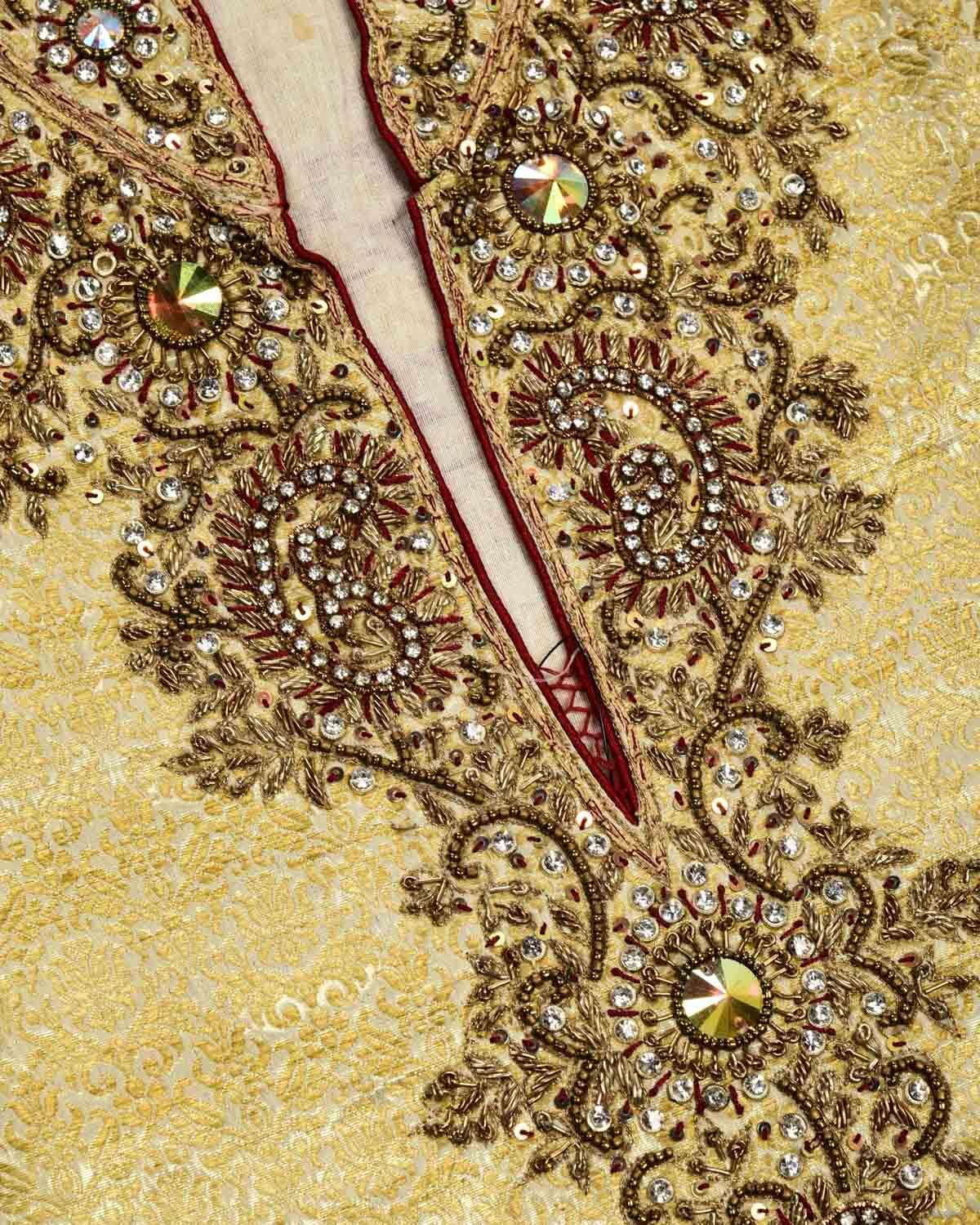 Beige Banarasi Hand-embroidered Art Silk Mens Kurta Pyjama - By HolyWeaves, Benares