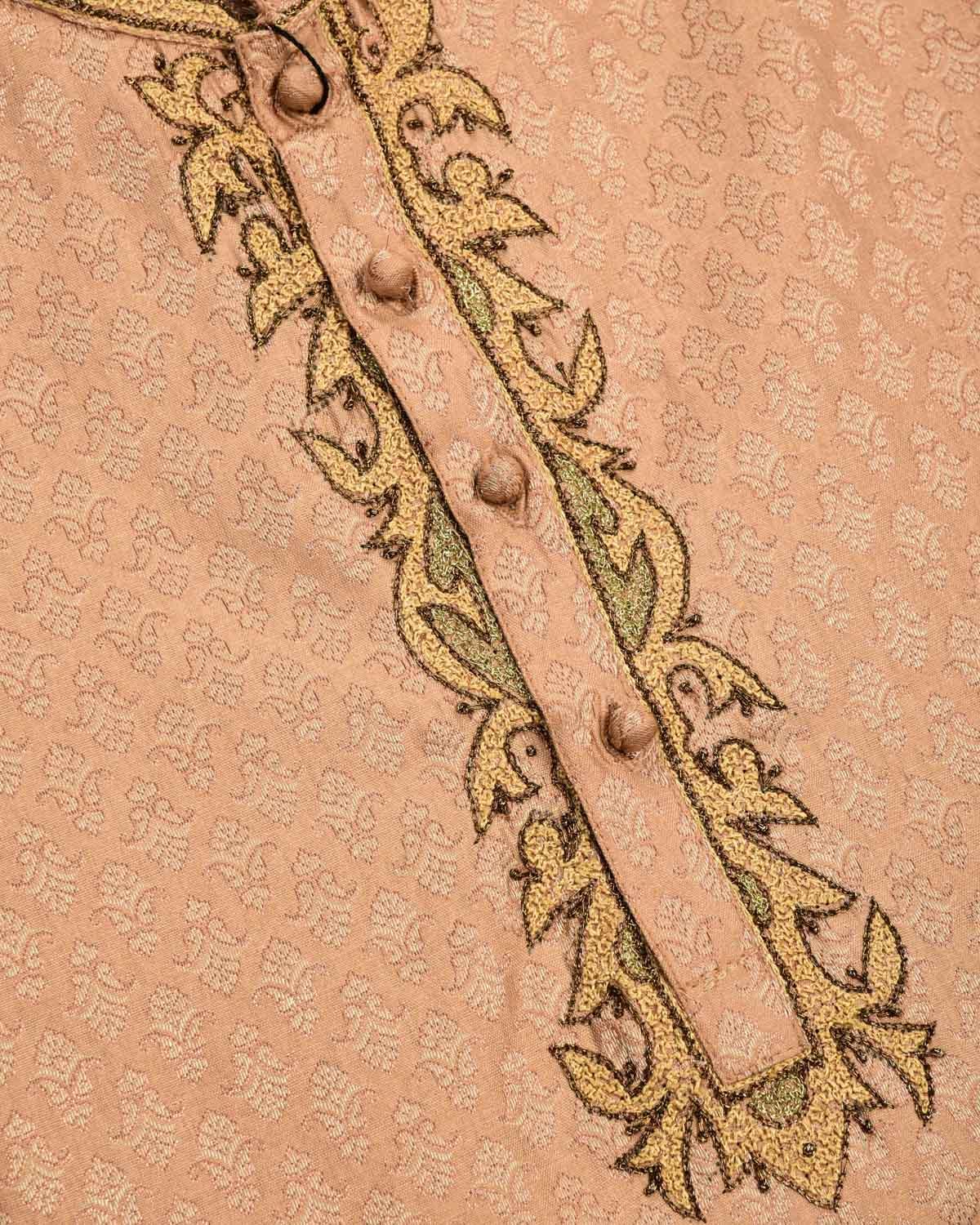 Beige Banarasi Hand-embroidered Cotton Silk Mens Kurta Pyjama - By HolyWeaves, Benares