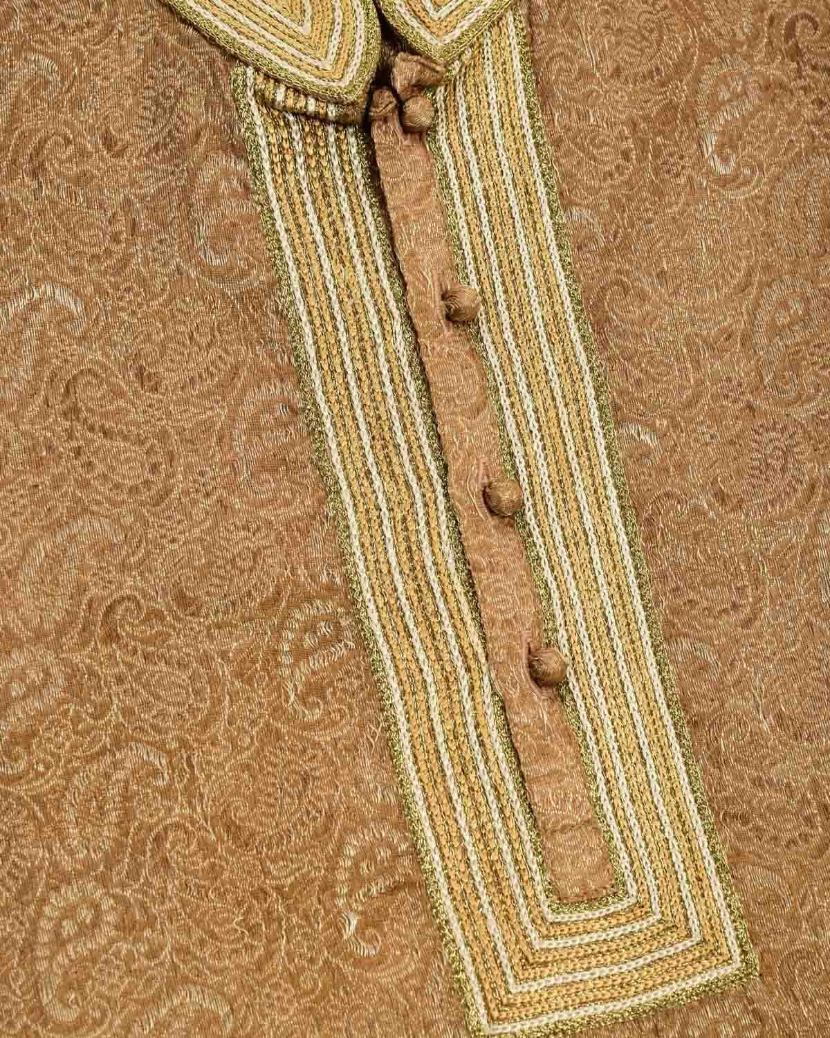 Beige Banarasi Hand-embroidered Cotton Silk Mens Kurta Pyjama - By HolyWeaves, Benares