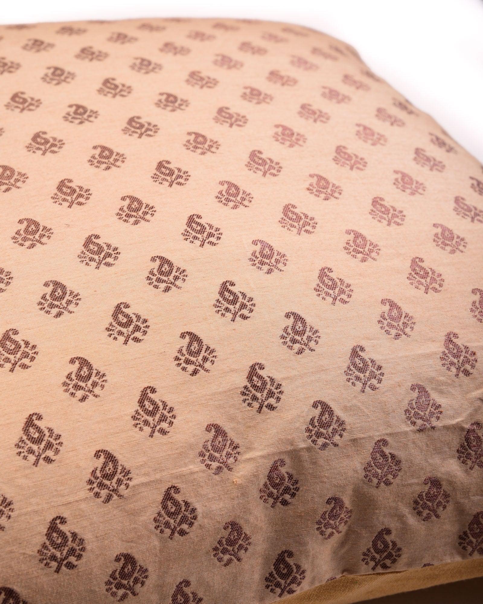 Beige Banarasi Handloom Zari Buti Cotton Silk Cushion Cover 16" - By HolyWeaves, Benares