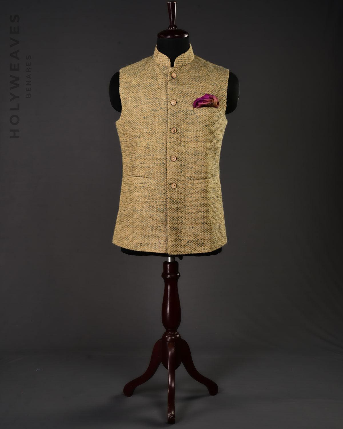Beige Banarasi Handwoven Jute Cotton Slim Fit Mens Modi Jacket - By HolyWeaves, Benares