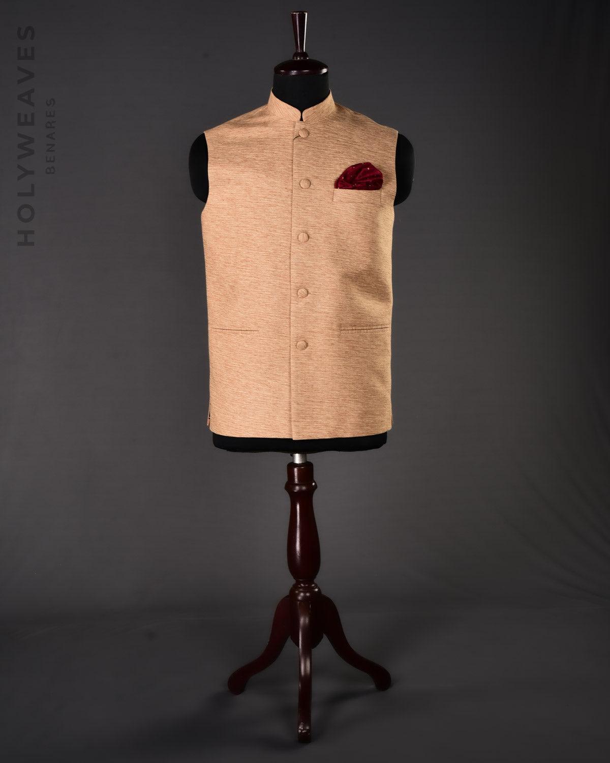 Beige Banarasi Handwoven Raw Silk Mens Modi Jacket - By HolyWeaves, Benares