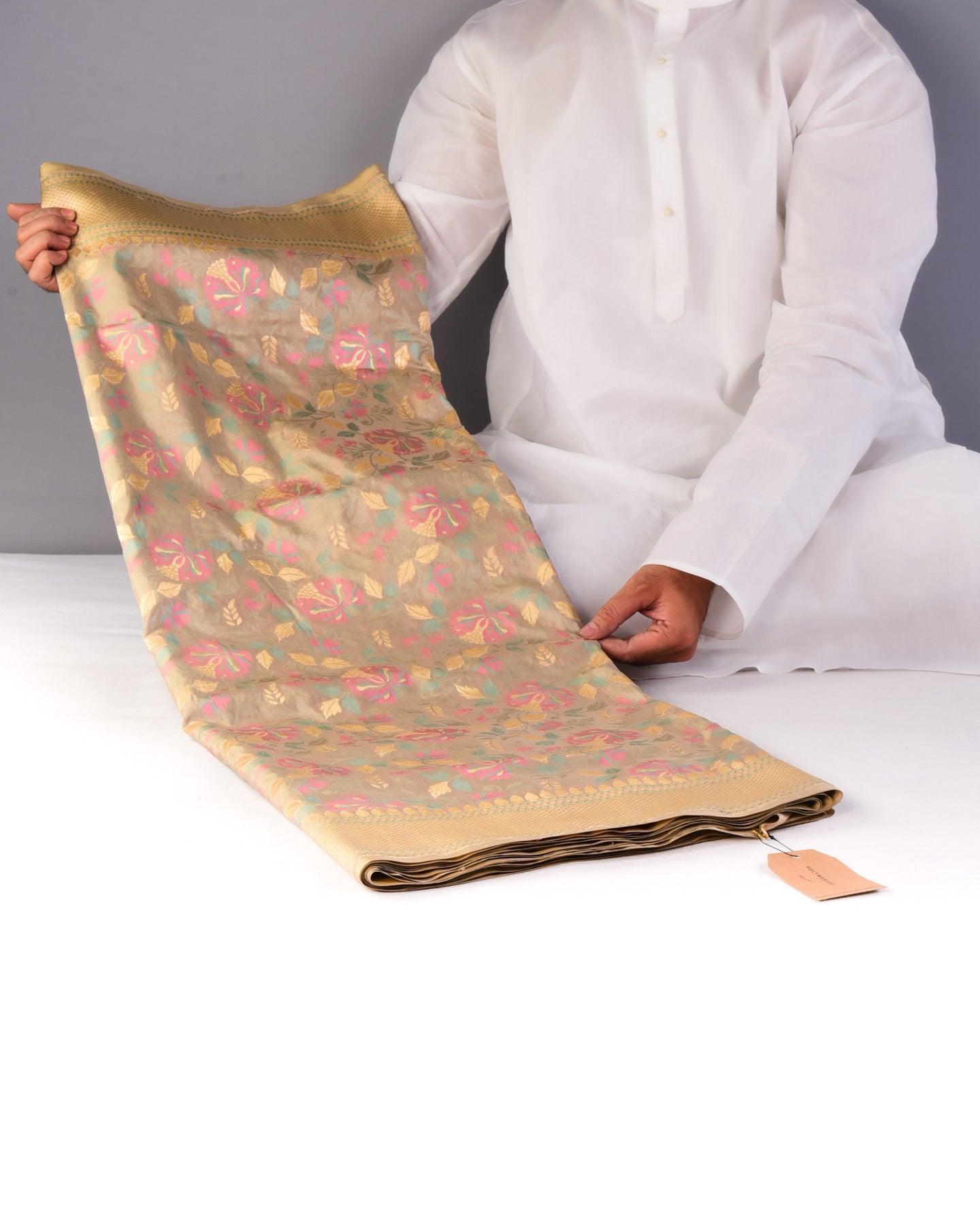 Beige Banarasi Jaal Chauhara Meena Cutwork Brocade Handwoven Katan Silk Saree - By HolyWeaves, Benares