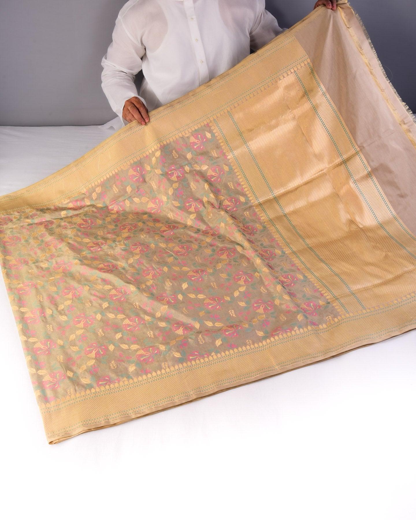 Beige Banarasi Jaal Chauhara Meena Cutwork Brocade Handwoven Katan Silk Saree - By HolyWeaves, Benares