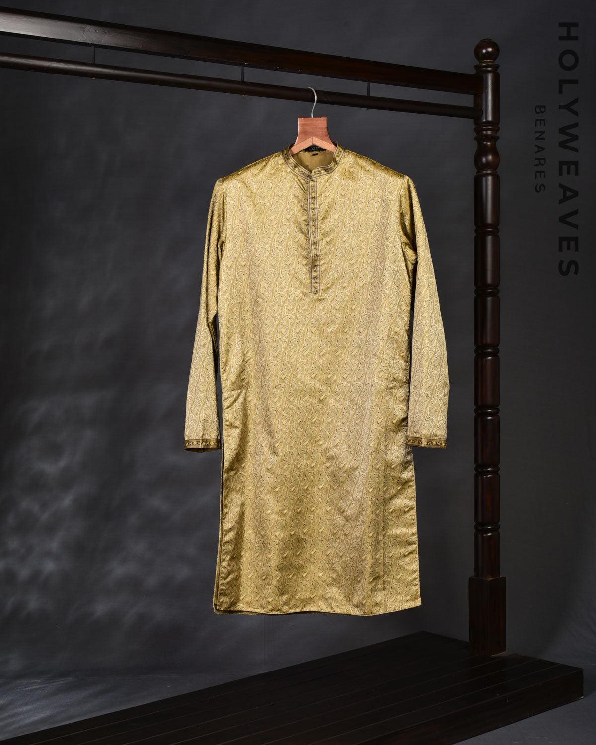 Beige Banarasi Jamawar Brocade Handwoven Katan Silk Mens Kurta Pyjama with Zari Accents - By HolyWeaves, Benares