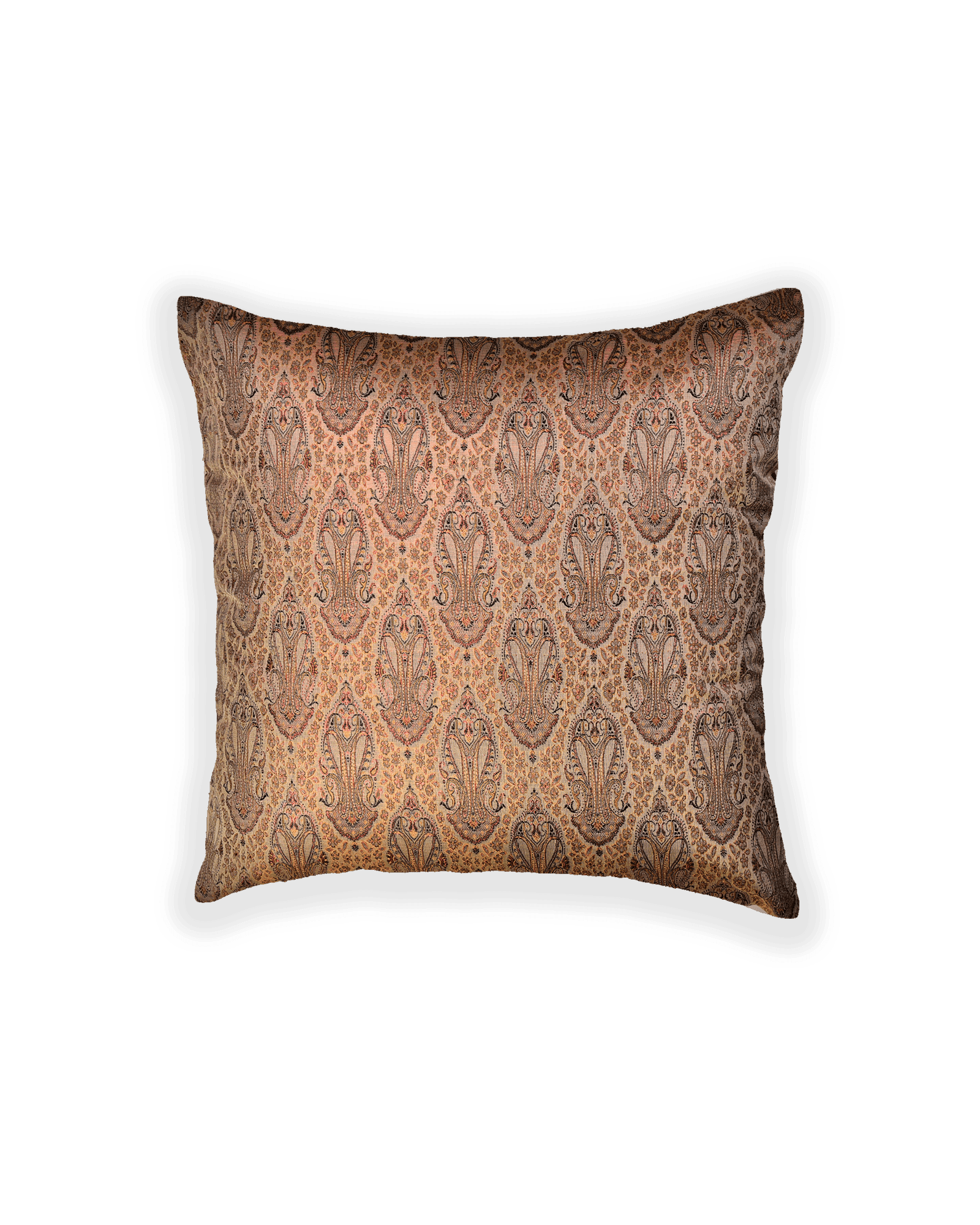 Beige Banarasi Jamawar Poly Silk Cushion Cover 16" - By HolyWeaves, Benares