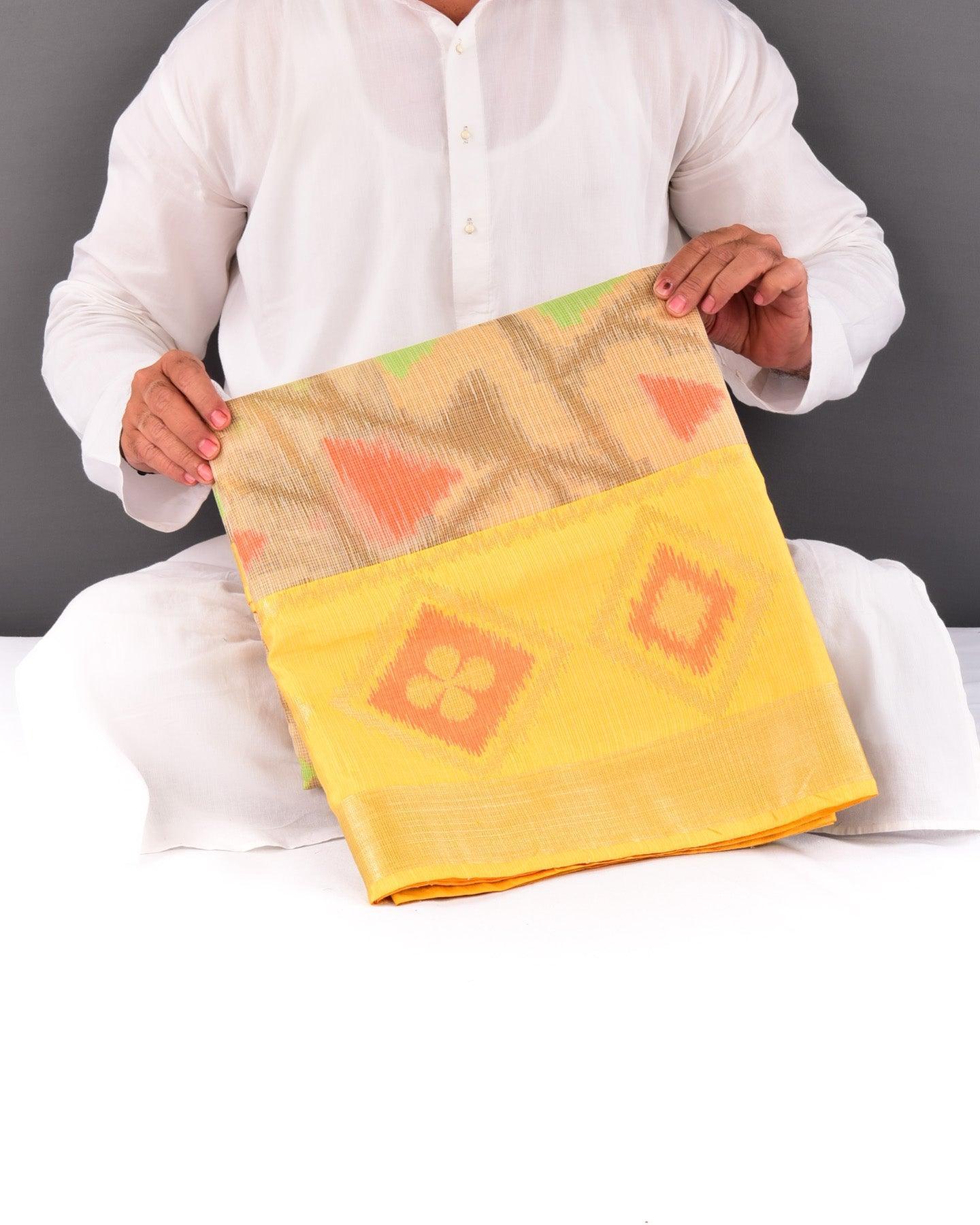Beige Banarasi Kota Check Arrowhead Buta Cutwork Brocade Woven Blended Cotton Silk Saree with Contrast Yellow Border Pallu - By HolyWeaves, Benares