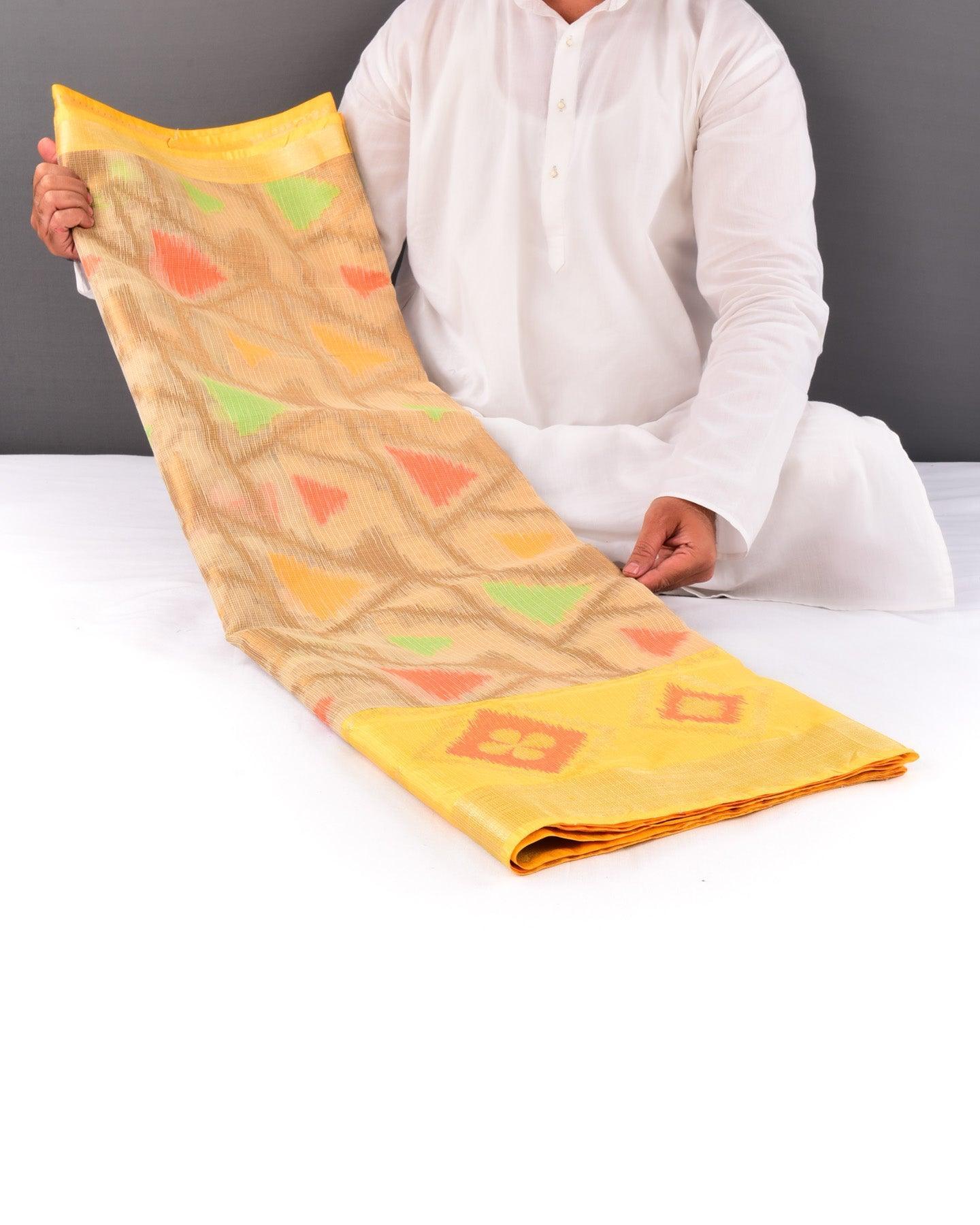 Beige Banarasi Kota Check Arrowhead Buta Cutwork Brocade Woven Blended Cotton Silk Saree with Contrast Yellow Border Pallu - By HolyWeaves, Benares