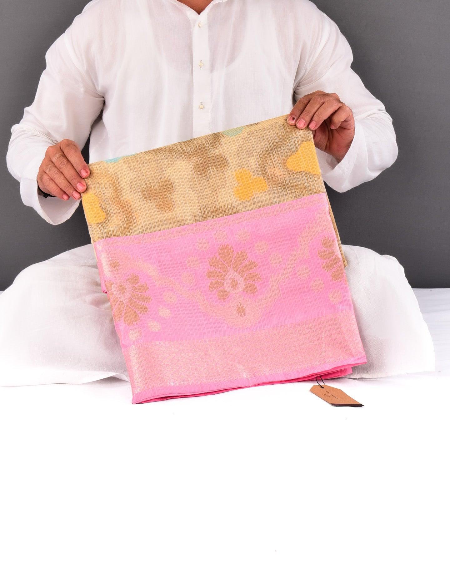 Beige Banarasi Kota Check Oasis Buta Cutwork Brocade Woven Blended Cotton Silk Saree with Contrast Pink Border Pallu - By HolyWeaves, Benares