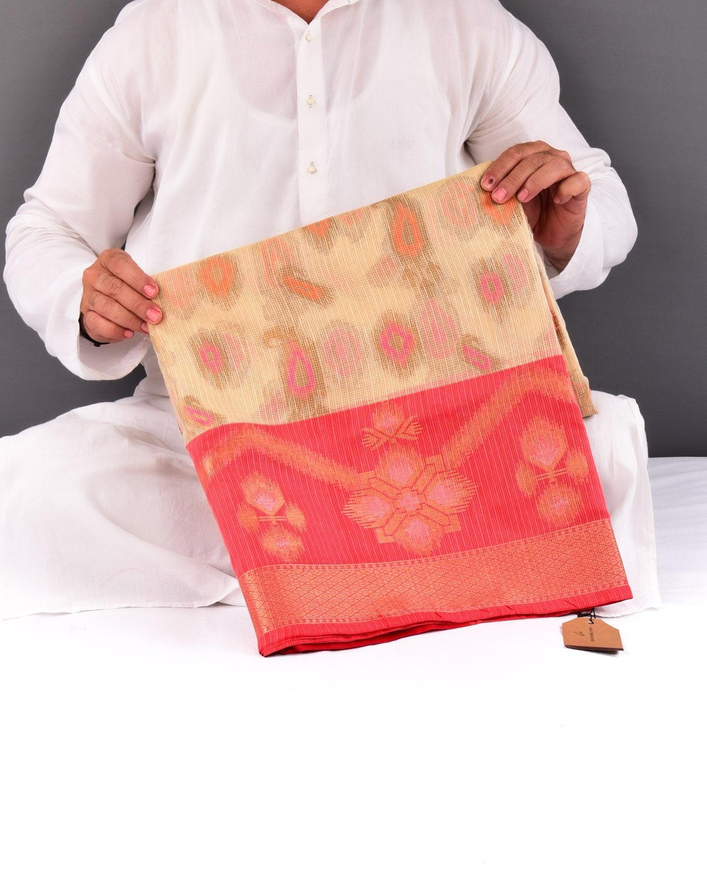 Beige Banarasi Kota Check Paisley Buta Cutwork Brocade Woven Blended Cotton Silk Saree with Contrast Red Border Pallu - By HolyWeaves, Benares