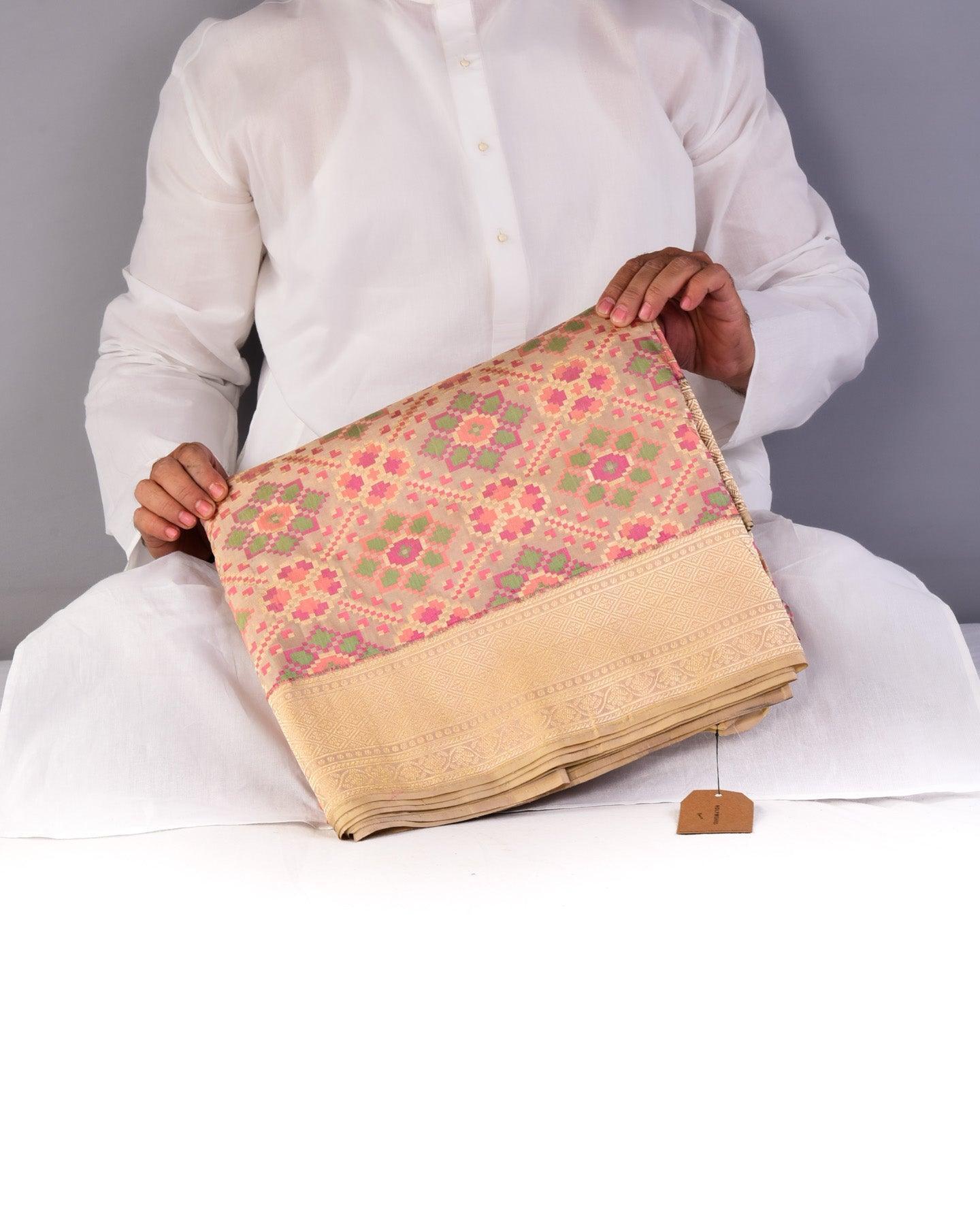 Beige Banarasi Patola Chauhara Meena Cutwork Brocade Handwoven Katan Silk Saree - By HolyWeaves, Benares