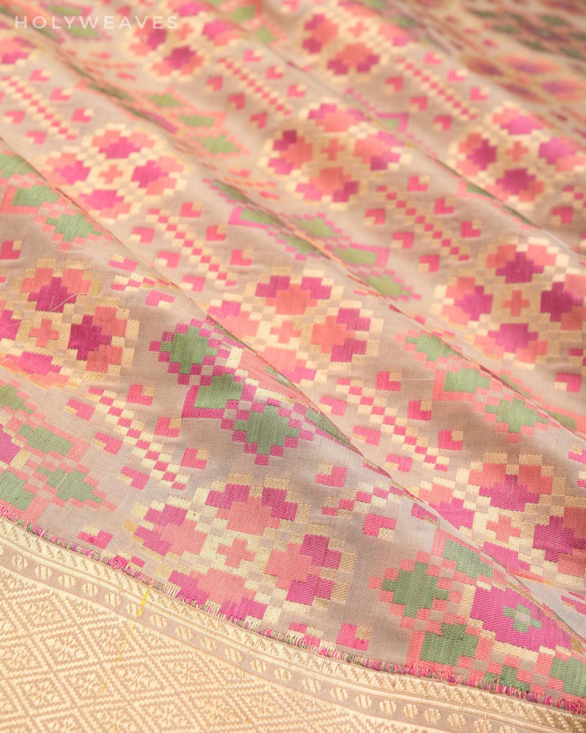 Beige Banarasi Patola Chauhara Meena Cutwork Brocade Handwoven Katan Silk Saree - By HolyWeaves, Benares