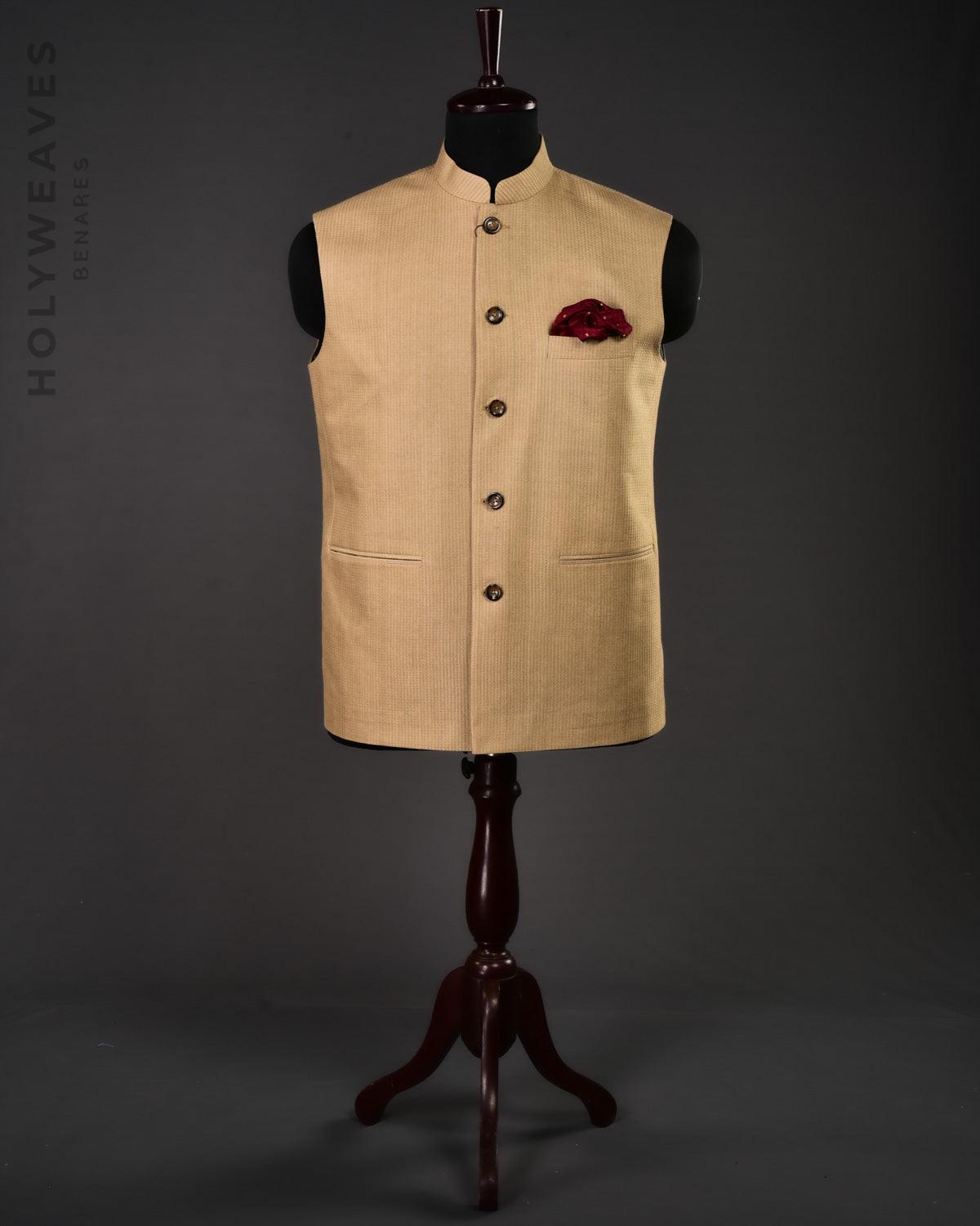 Beige Banarasi Pin Stipes Tanchoi Woven Blended Tasar Mens Modi Jacket - By HolyWeaves, Benares