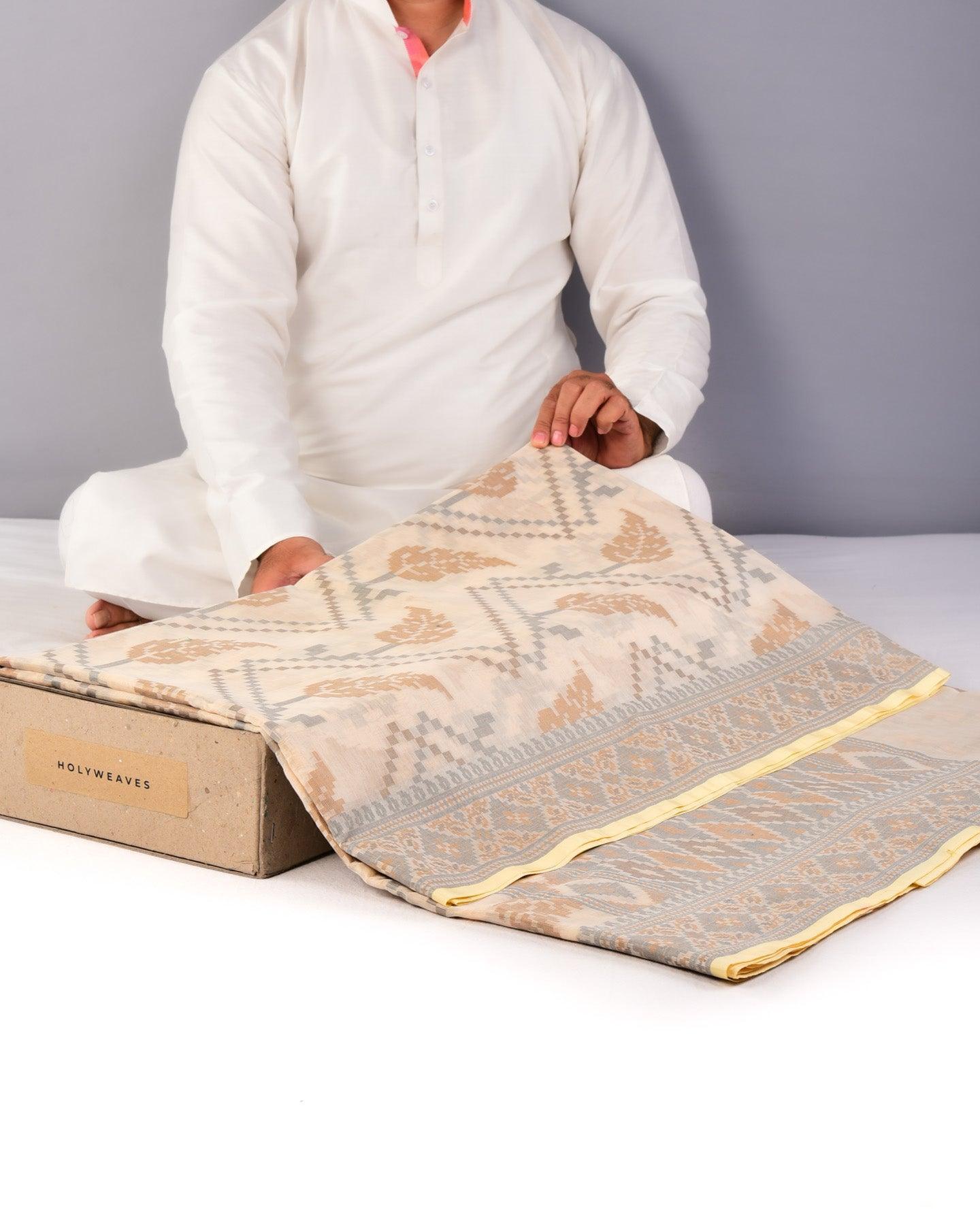 Beige Banarasi Resham Jaal Cutwork Brocade Woven Cotton Silk Saree - By HolyWeaves, Benares