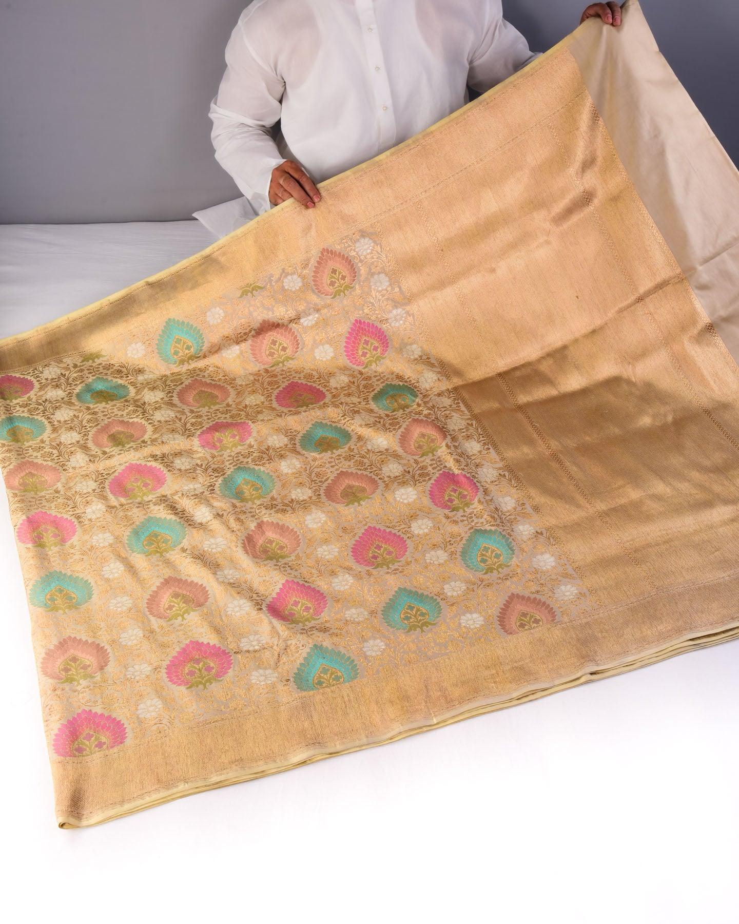 Beige Banarasi Shaded Meena Cutwork Brocade Handwoven Katan Silk Saree - By HolyWeaves, Benares